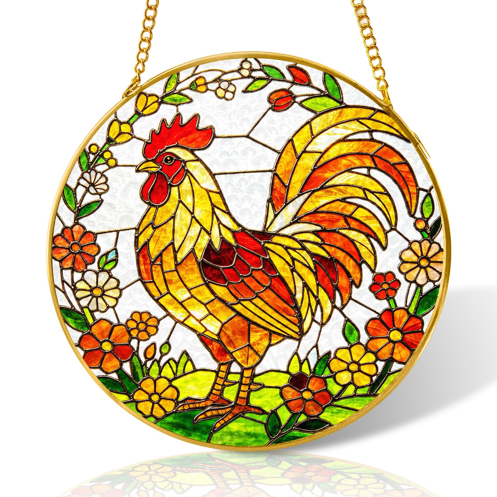10 inch Rooster Flower Stained Glass Suncatcher Windows Hanging,Stained Glass Ornament Home Decor,Suncatchers for Windows Hanging,Birthday Gifts for Women,Lovers,Friend(Gold)