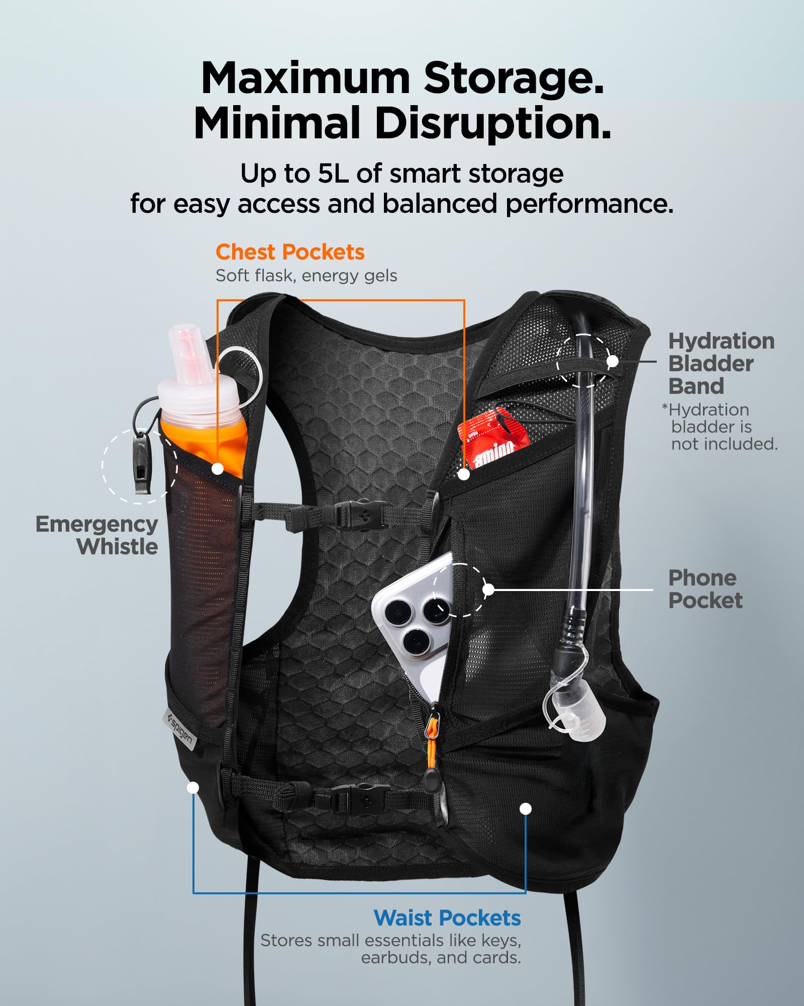Spigen Gilet Running 5L con Flask 500ml, Supporto Smartphone, Vestibilità Regolabile M/L Active Black