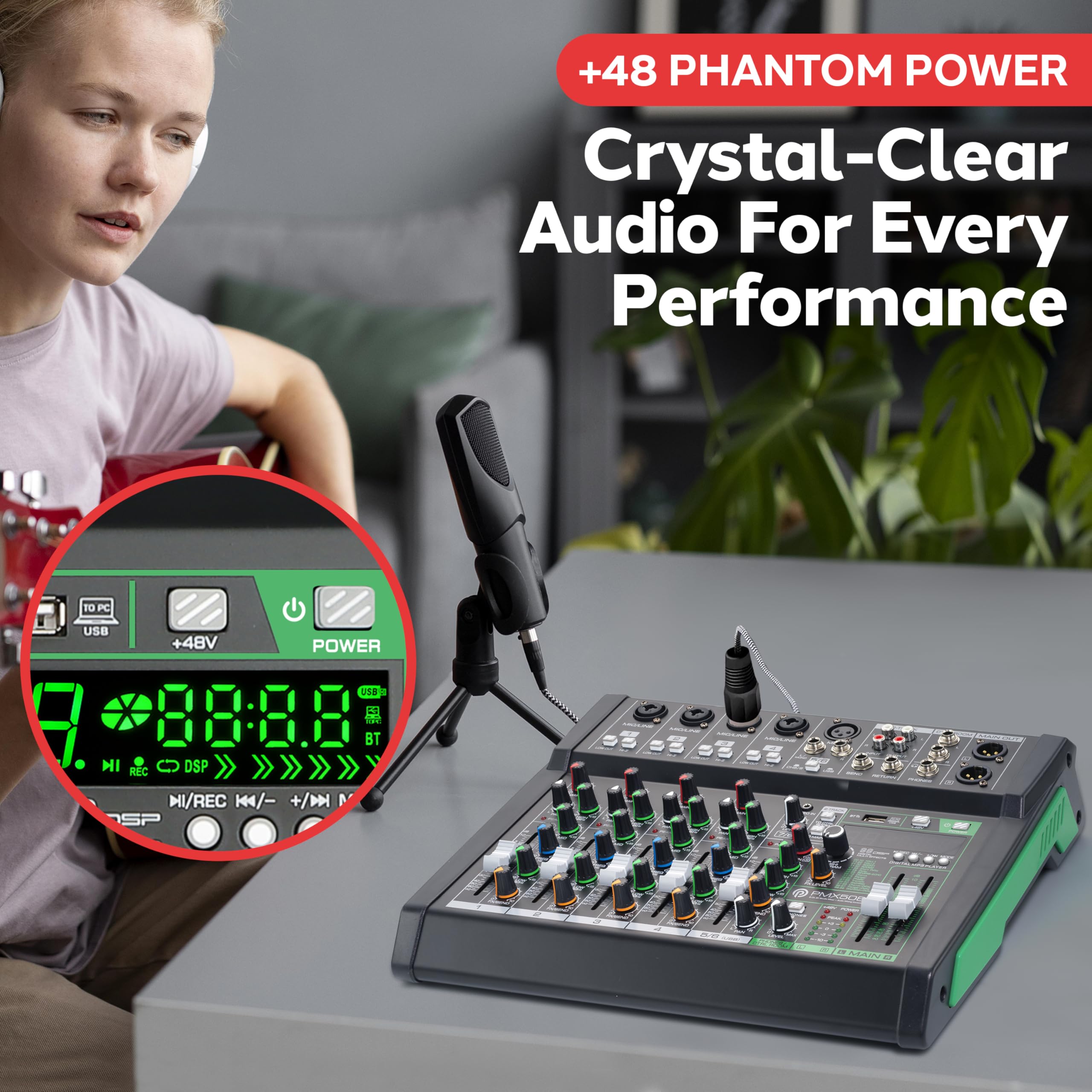 Pyle 8-Channel Audio Mixer, Bluetooth Studio Mixer/DJ Controller with Digital Effects, USB Interface, MP3 Compatible, XLR Inputs and LED Display, Audio Mixing Sound board System 10”x11”x3” inches