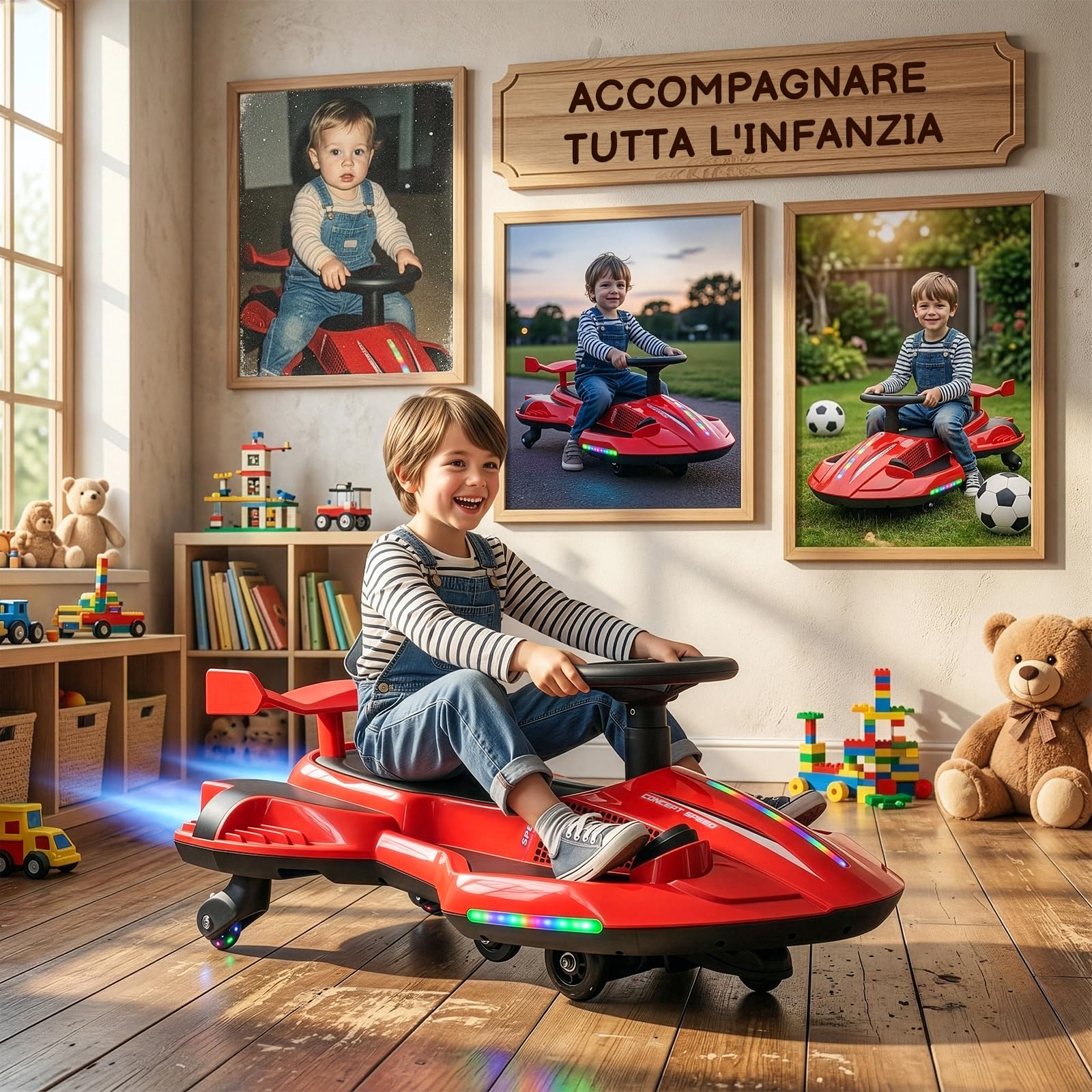 LALAHO Coche Eléctrico para Niños 12V, Coche de batería con Pedal, vehículo eléctrico 2 en 1 con 2 velocidades, Luces LED, protección antivuelco y Ruedas iluminadas, 3 años+ (Rojo-Negro)