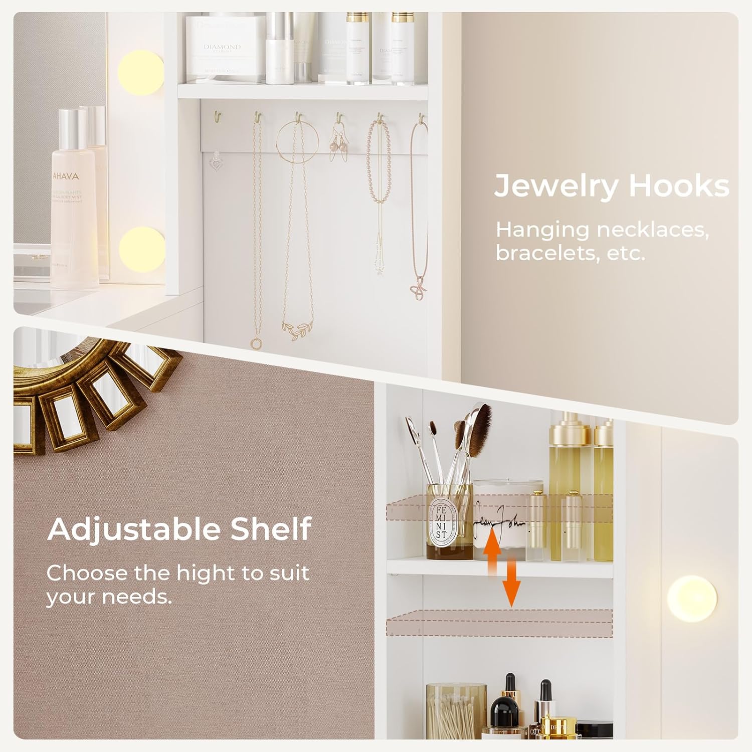 Hasuit 48.8'' Large Vanity Desk with Lighted Mirror & Power Outlet, White Makeup Vanity Table with 6 Drawers, 4 Shelves and 1 Storage Cabinet, Glass Tabletop Bedroom Dressing Table, 3 Lighting Modes