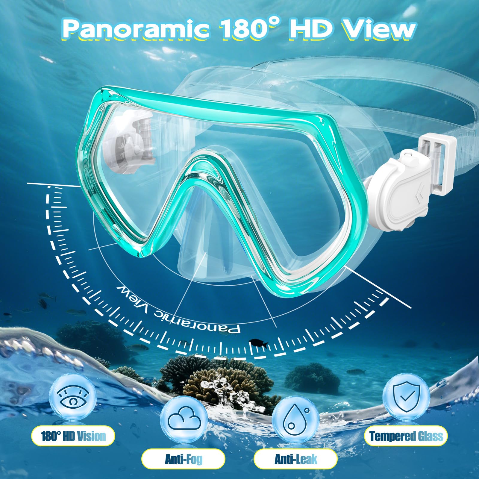 Set di 2 set di attrezzatura da snorkeling per bambini dai 3 ai 14 anni, anti-appannamento a 180°, con boccaglio e maschera da nuoto con copertura per il naso e occhiali in vetro temperato, per