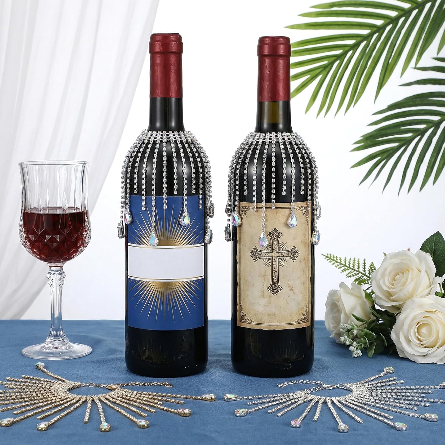 2 Pcs Wine Bottle Rhinestone Jewel Tassel,2 Styles Rhinestone Wine Bottle Decoration,7.87 IN,for Party Bottles Wedding Wines Decor(Gold and silver)