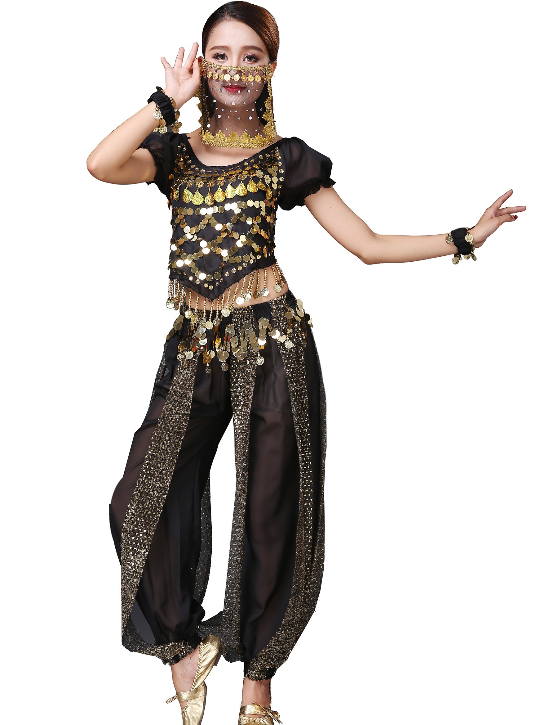 Astage Belly Dance Halloween Costume Top Pants Veil Bracelets Headdress Sets Black