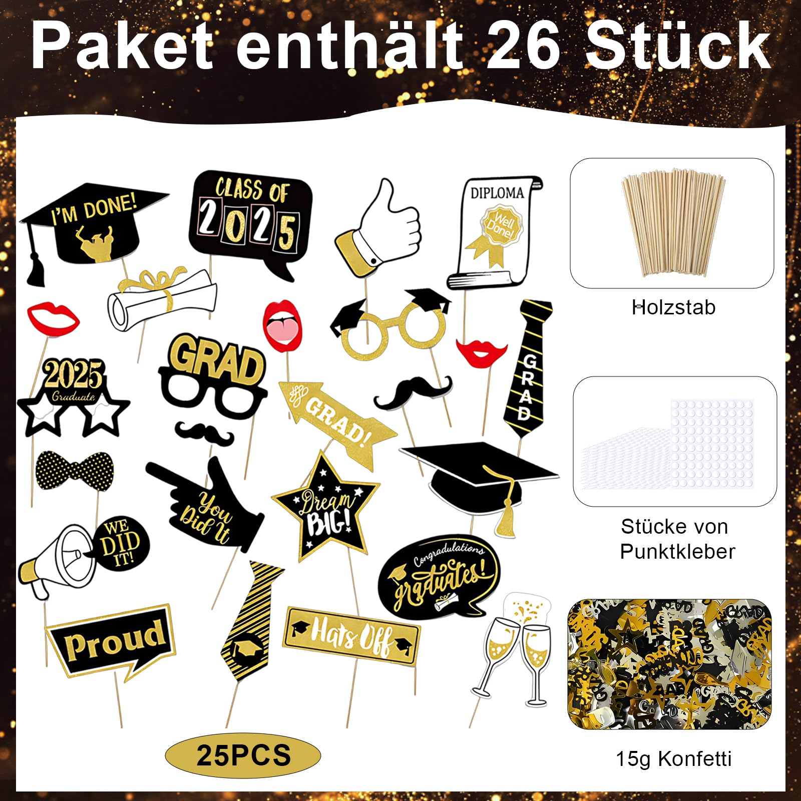 30 Stück Abschluss-Party-Foto-Requisiten – Klasse 2023, Mit Brillen, Hüten, Bärten, Gelb