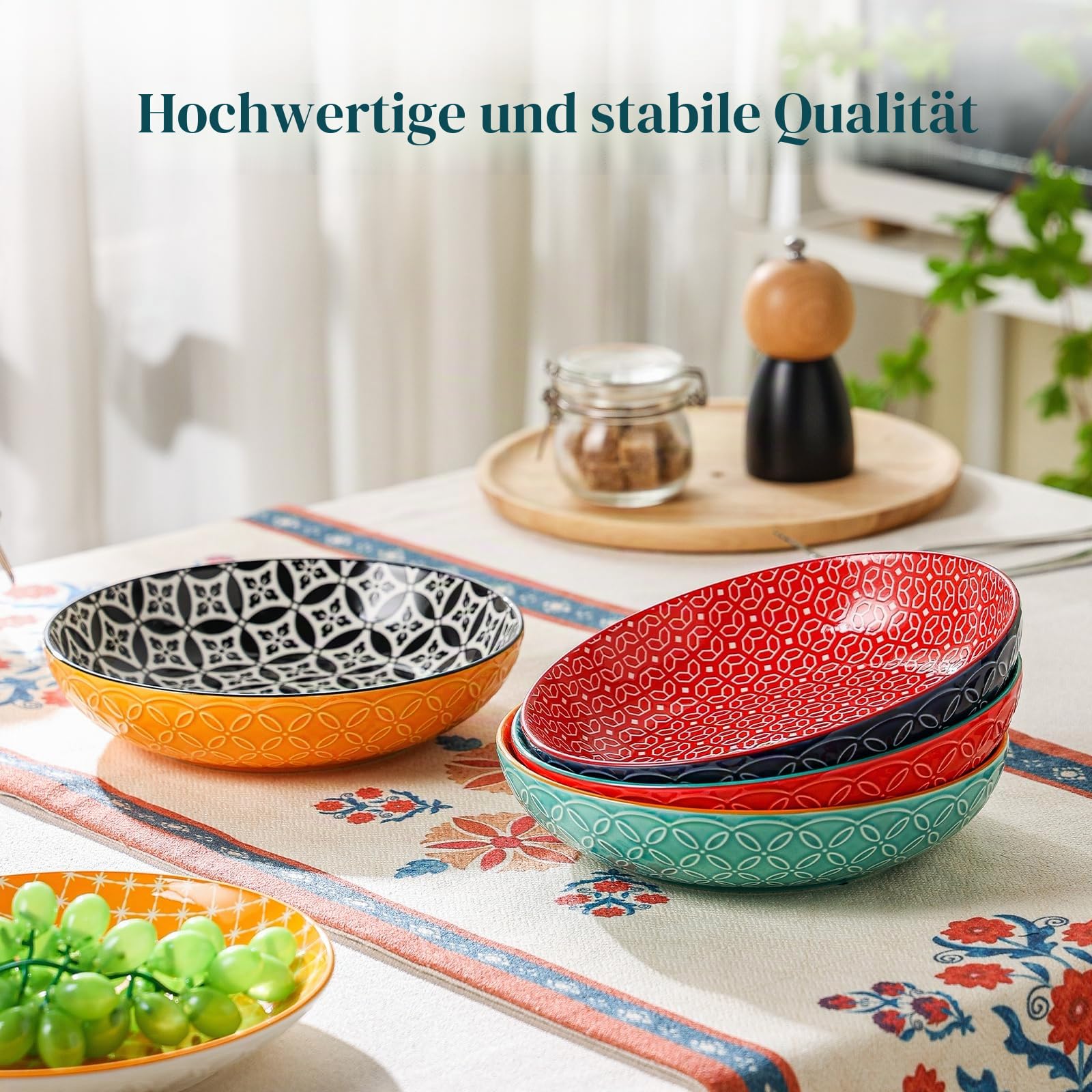 DOWAN Pastateller Groß Tief 4er Set, Ø 21,5 cm Porzellan Suppenteller Tief, Pastaschale Rund, Klassische Nudelteller, Bowl Teller Keramik für Pasta, Nudeln, Suppe, Salat-Lebendige Farben