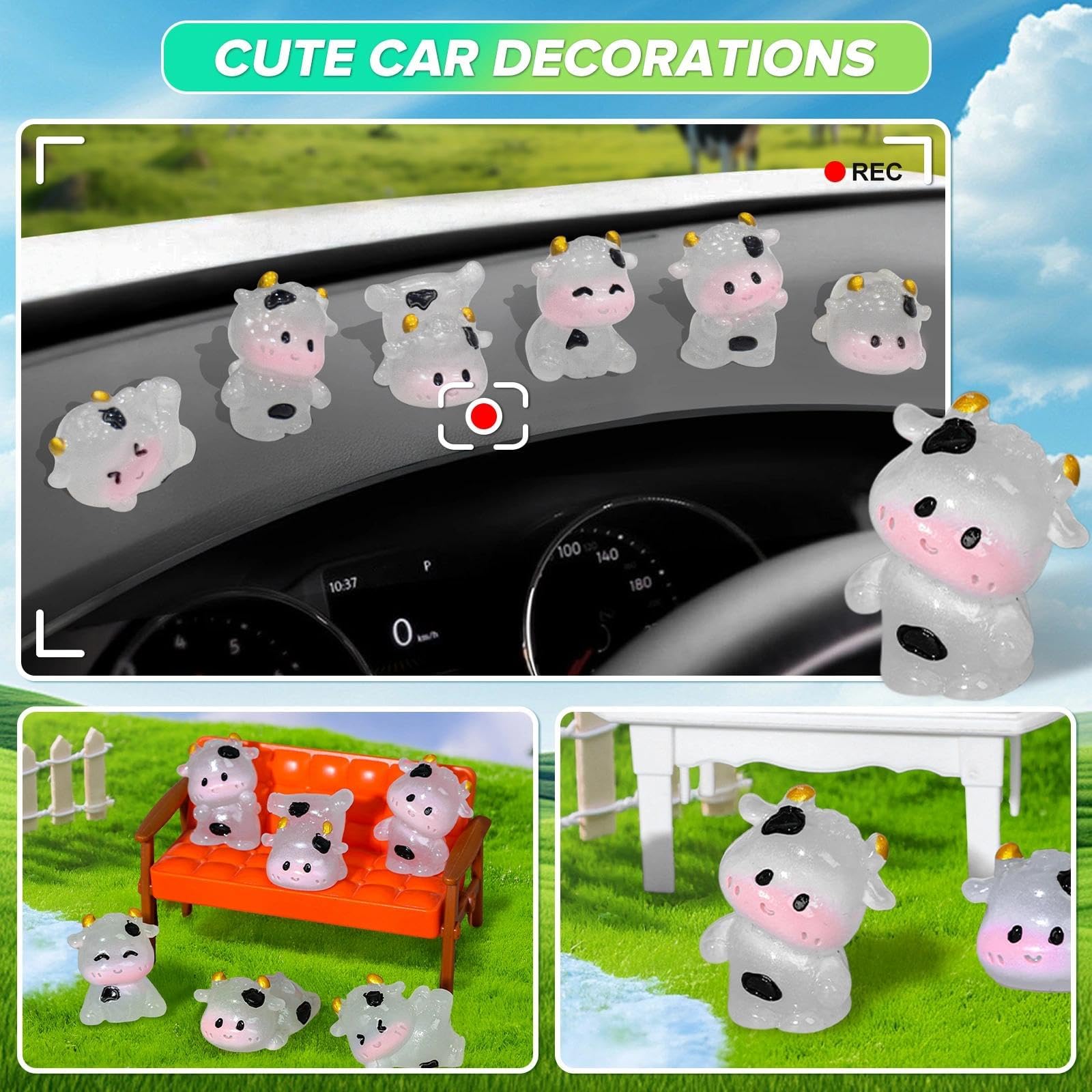 6-Piece Cute Cow Car Dashboard Decor Set - Luminous Resin Ornaments For Rearview Mirror & Dashboard (Clear White) - View #11