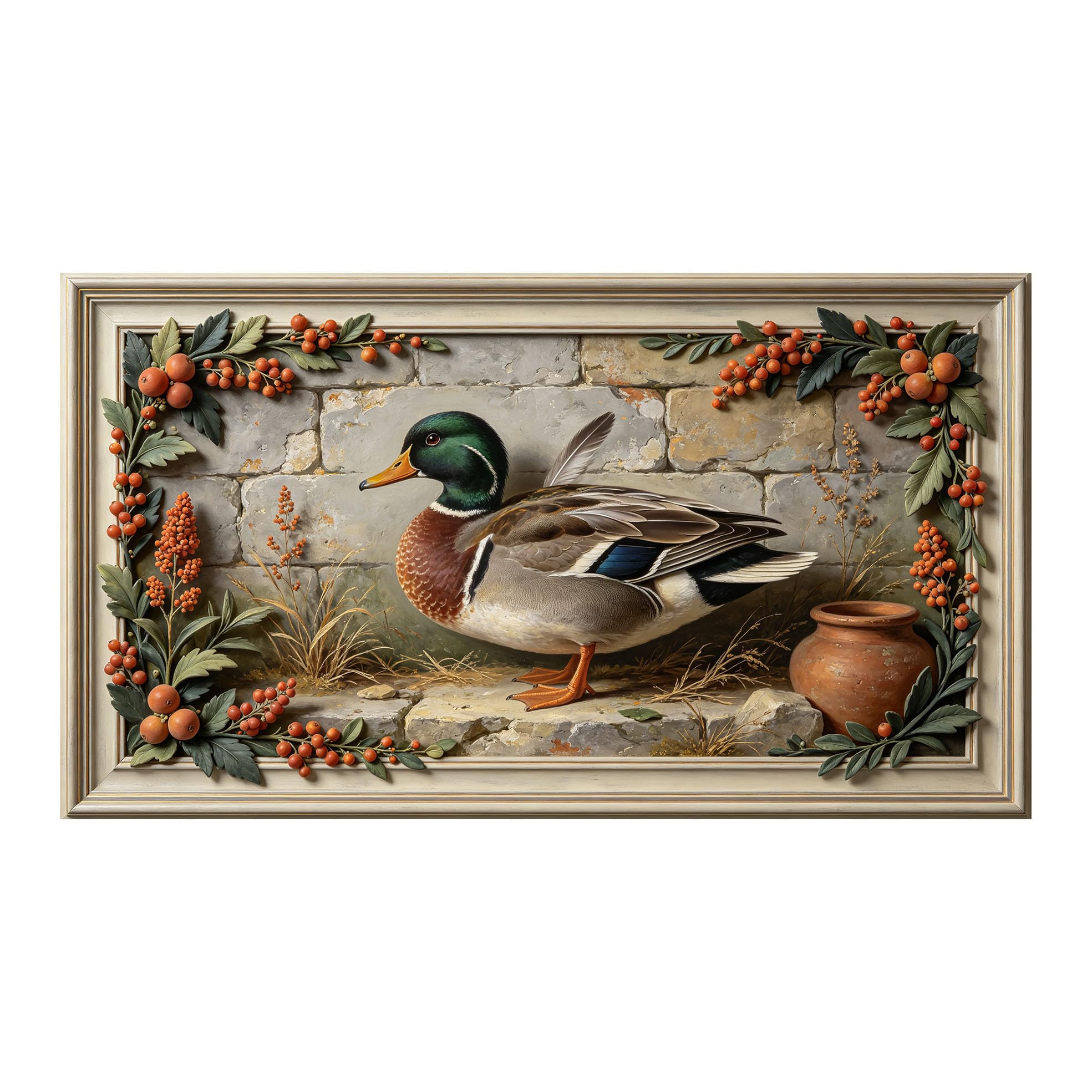 Yzpallescene 3D 3D Framed Wall Art 50cm×90cm Rustic Duck Still Life Oil Painting Large Size SelfAdhesive Removable Wall Decor Prints Artwork for Living Room Bedroom Office