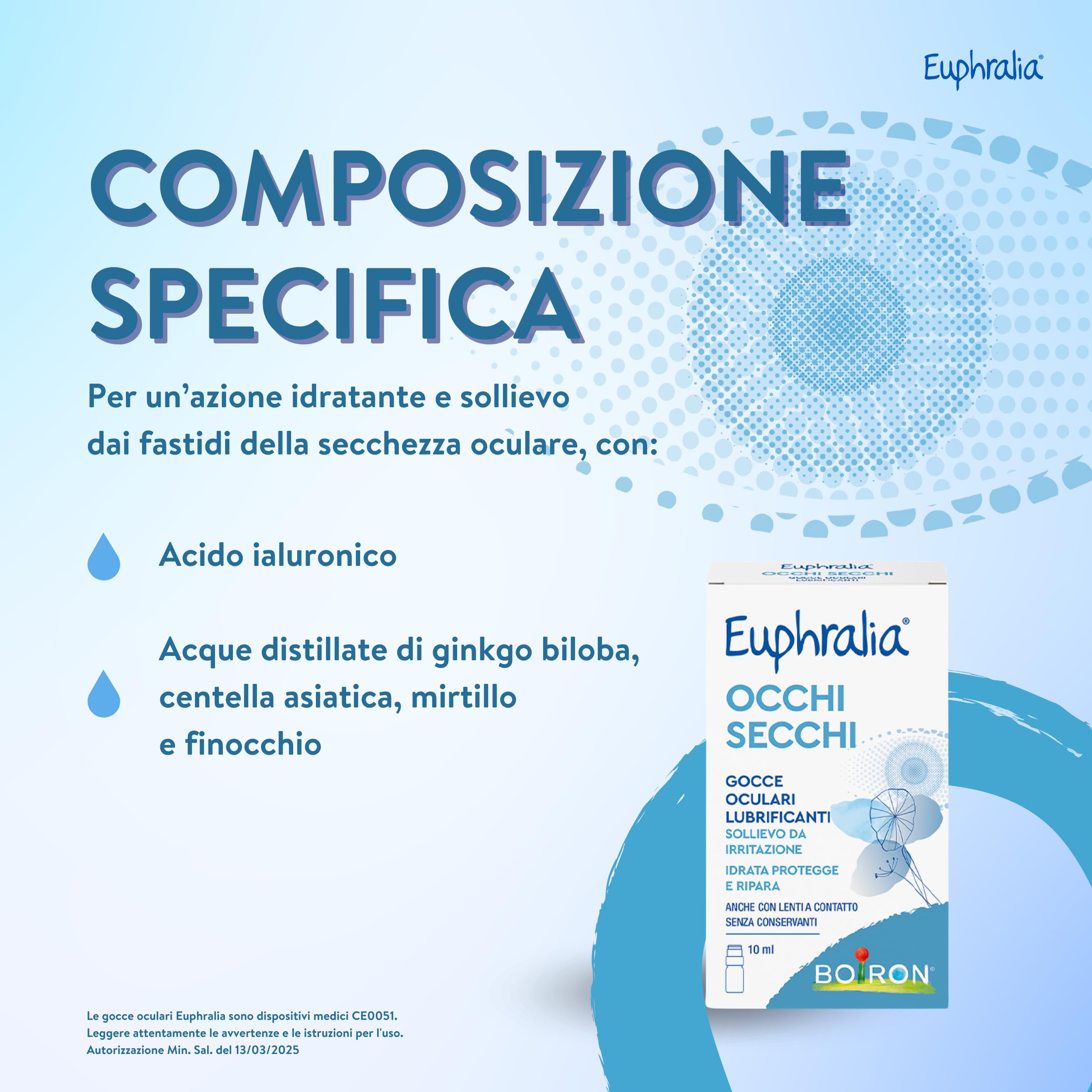 Euphralia Occhi Secchi - Gocce Oculari Lubrificanti, Rimedio contro Secchezza Oculare, Azione Protettrice e Riparatrice, con Acido Ialuronico, Ginkgo Biloba - Flacone da 10 ml + Panno Occhiali