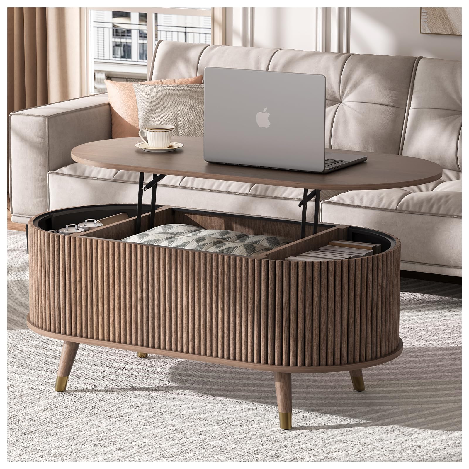 42 5 Oval Lift Top Coffee Table with Storage Mid Century Modern Walnut Center Table with Fluted Design
