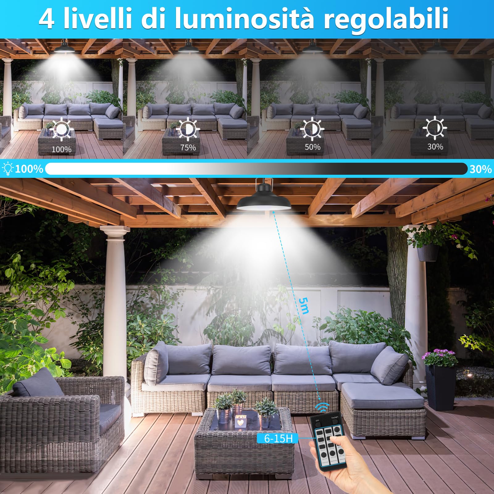 Lampadario Solari, 3 Colori/4 Modi Lampada Solare da esterno, Impermeabile Lampada a Sospensione Con Telecomando/Timer/Sensore Crepuscolare/Cavo 5m Luce Solar Interno per Giardino Gazebo