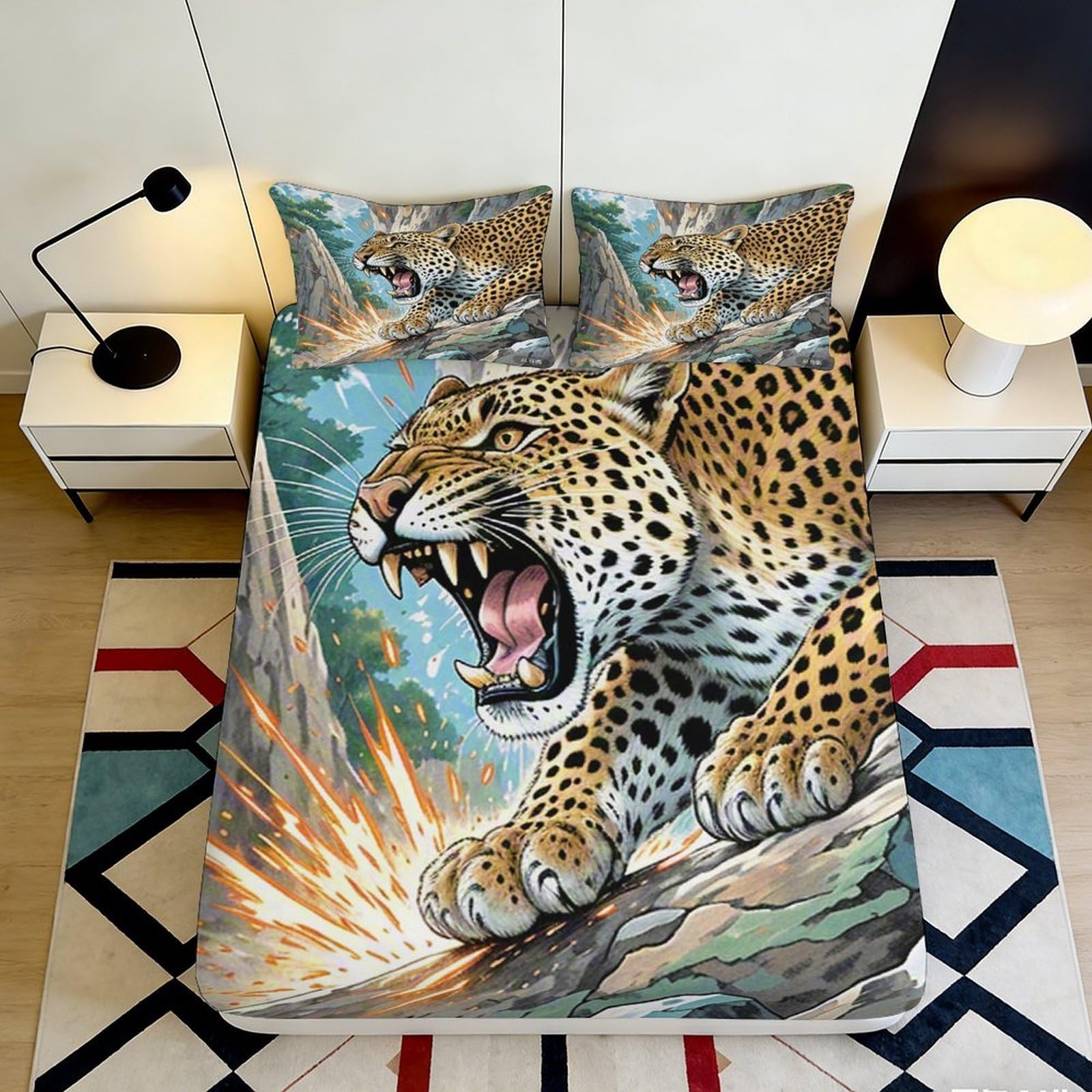 3D Printed Roaring Leopard Fitted Sheet Microfiber Durable Soft 3D Printed Wildlife Bed Cover for Bedroom Dormitory Guest Room Mattress Protection 120x200x25cm