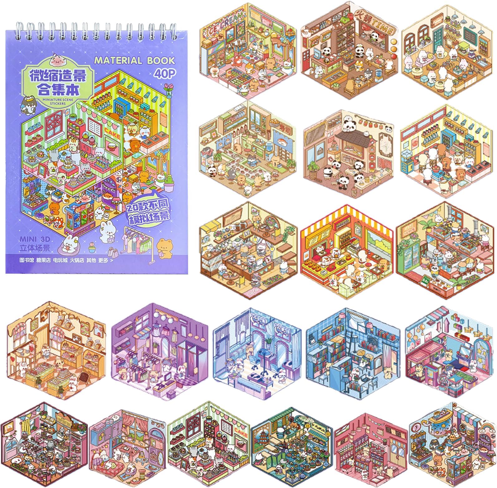 20 Sets DIY 3D Sticker Scene Book for Adults, Mini Cute 3D Sticker Room Book, Make Your Own Store and House Stickers, Fun Sticker Therapy Activity for Stress Relief Play Park Castle Library