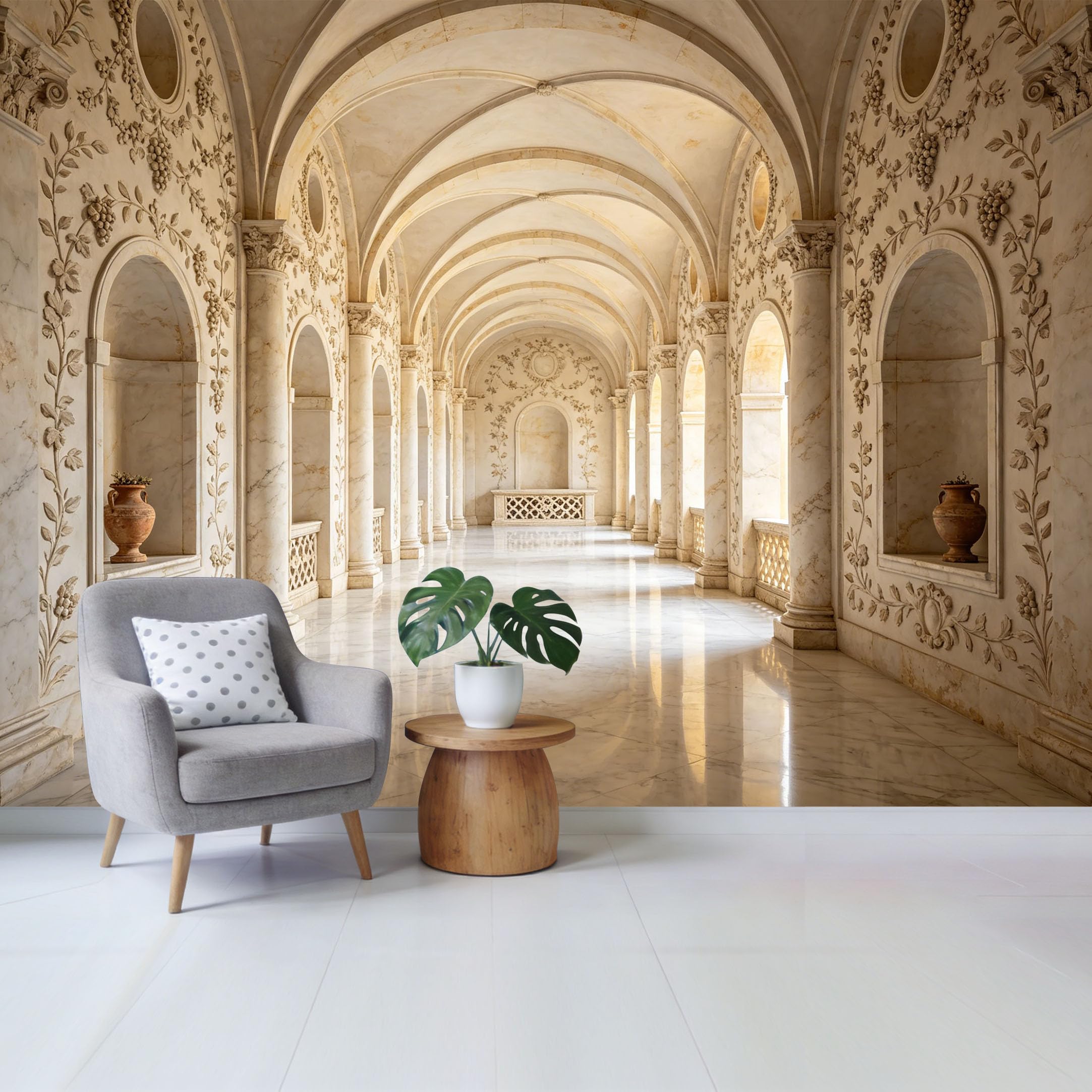 Removable Self Adhesive Fabric Mural， Neoclassical Marble Archway Corridor Custom Size Wall Covering， UV Protected Waterproof Washable Wall Decor for Living Room Bedroom Bathroom