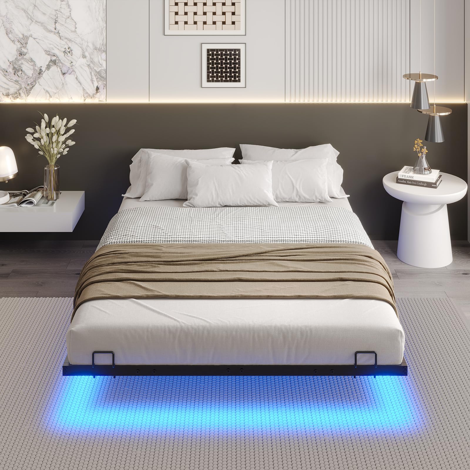 DICTAC Lit 140 x 190 avec Sommier Métal Cadre de Lit 140x190 avec Éclairage LED,lit 2 Personnes avec sommier à Lattes Lits Flottant Double,Structure Solide,Facile à Assembler,Noir-sans Matelas