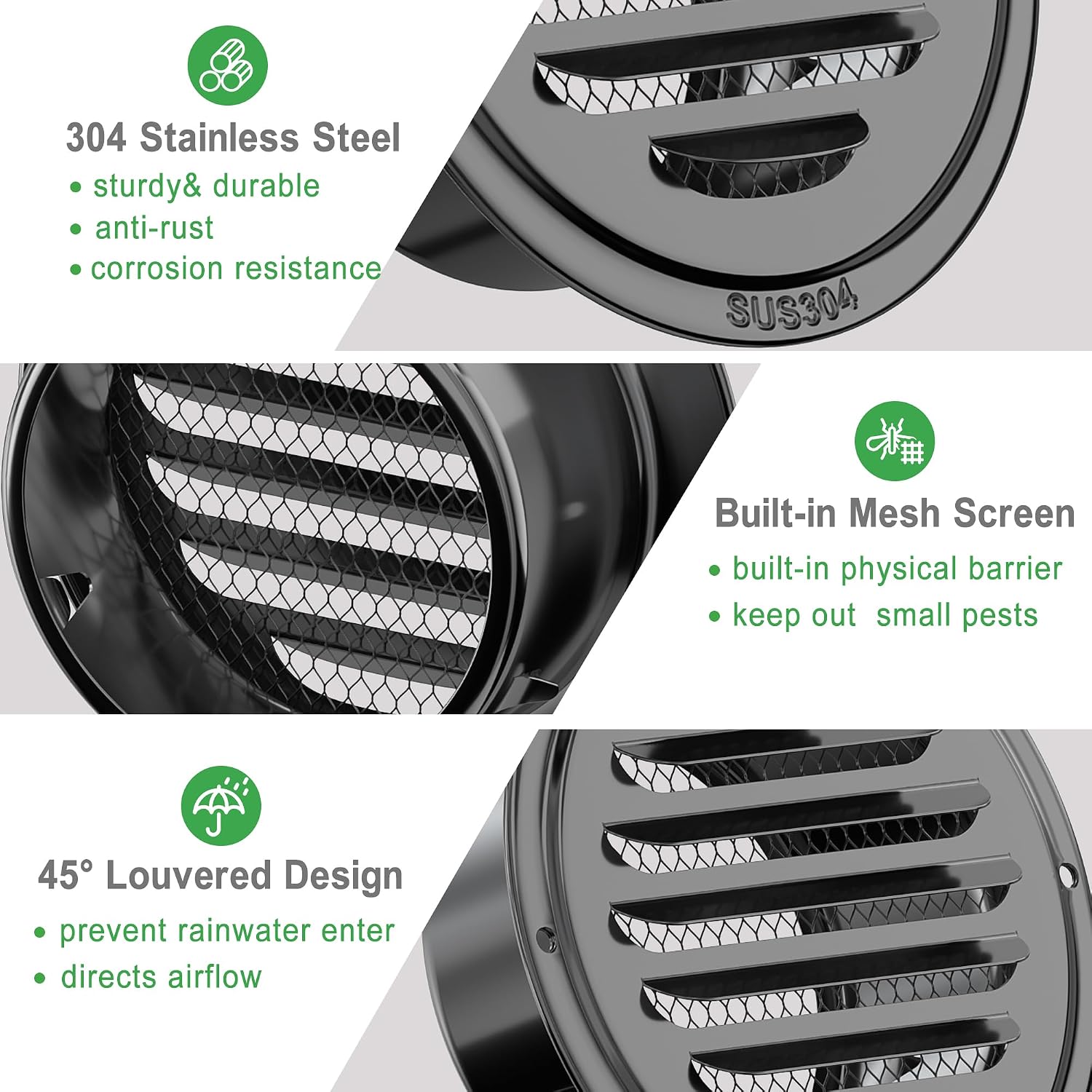 4 Inch Black Soffit Vent Cover, 304 Stainless Steel Air Vent Cover Round Louvered Grille Cover Wall Inlet Vent with Built-in Fine Mesh for Garage, Bathroom, Kitchen, Warehouse | Air Vent Cover, Built-in Fine Mesh, Wall Inlet Vent, For Garage, Bathroom, Kitchen, Warehouse