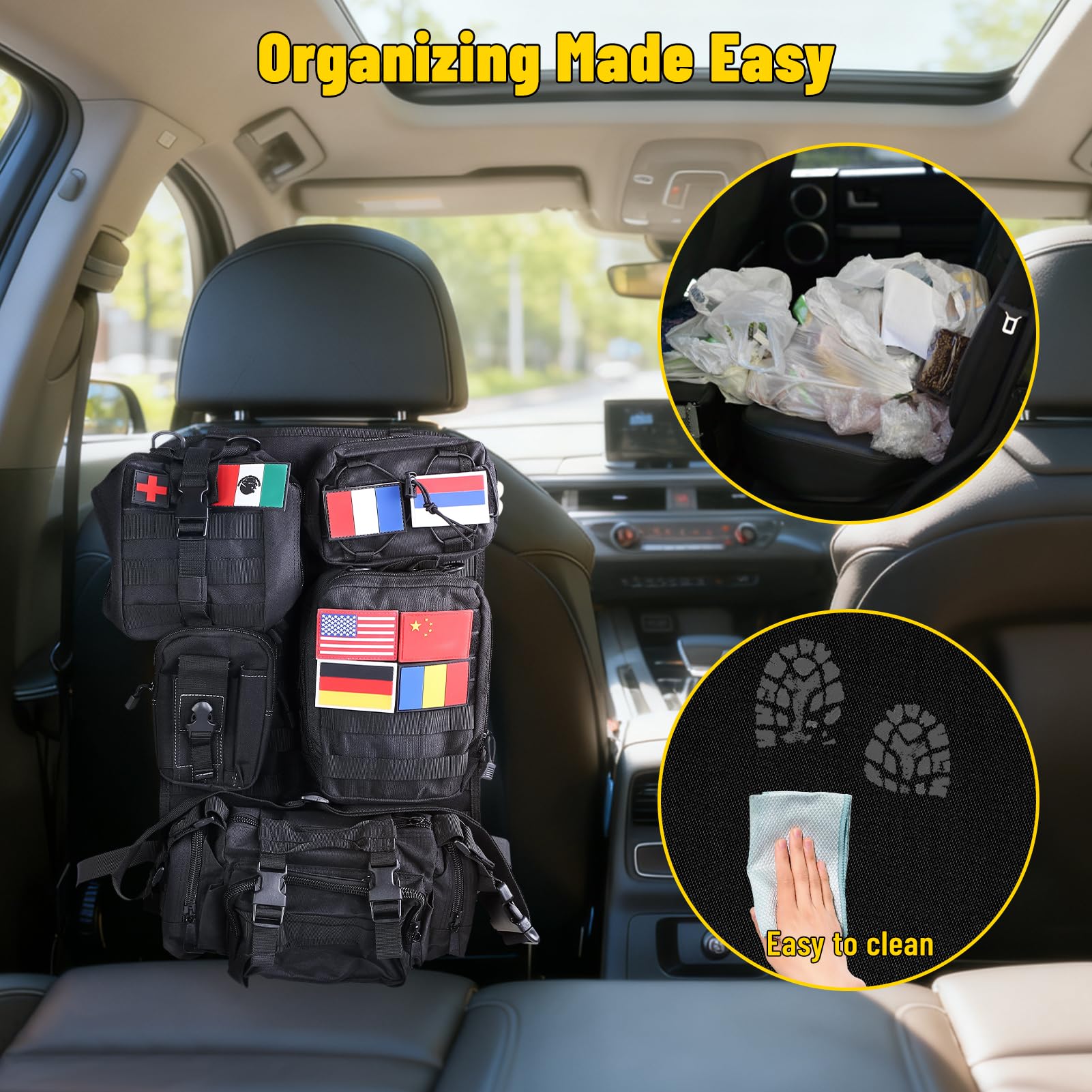 Tactyczny organizer na siedzenie samochodowe z panelem MOLLE – uniwersalna torba do przechowywania na tylnym siedzeniu do SUV-ów, samochodów osobowych, pickup i vanów, wysokiej jakości tkanina