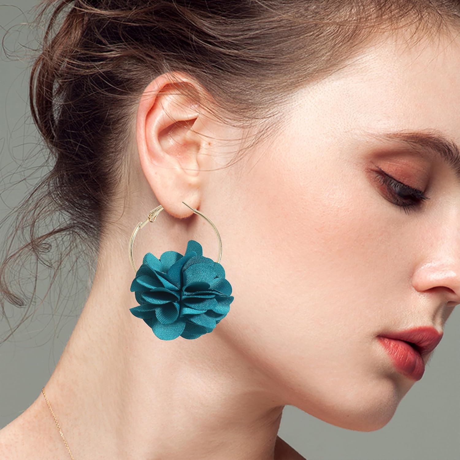 Charm Bohemian Fabric Flowers Dangle Earrings Colored Petal Hoop Drop Earrings With Chiffon Floral Tassel For Women - Image 3