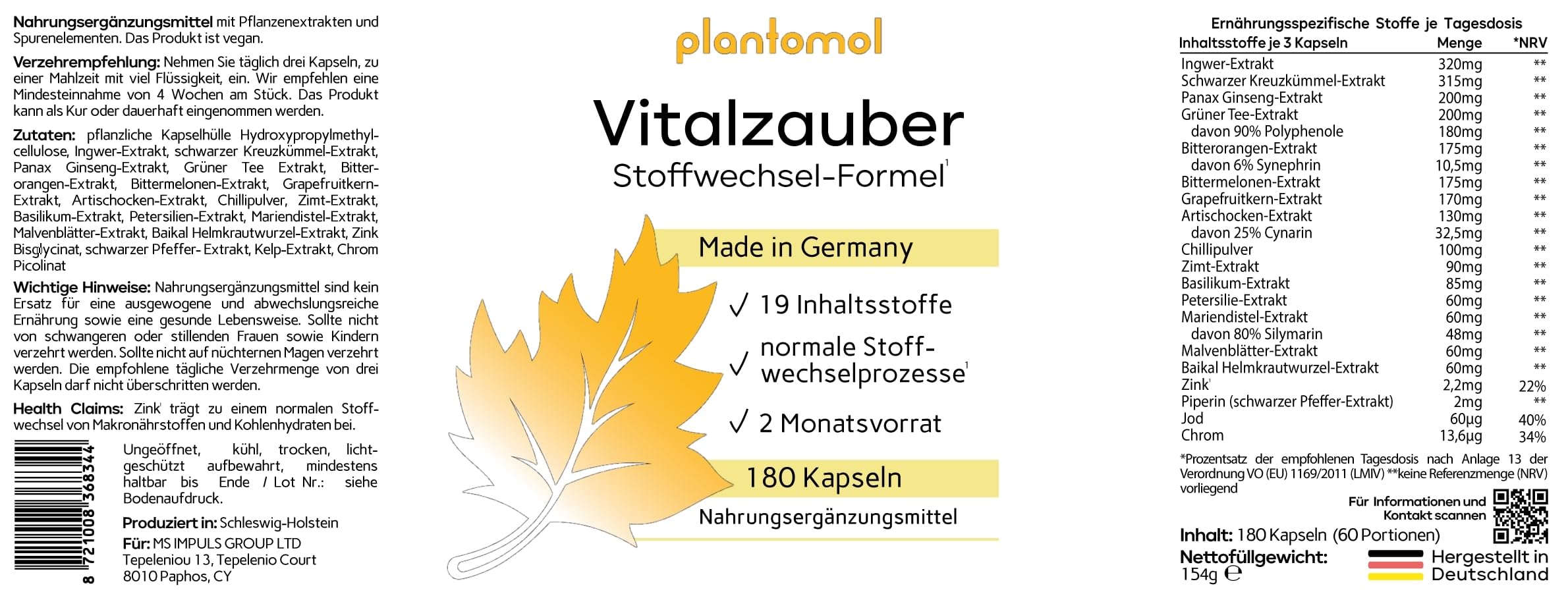19-fach Stoffwechsel Komplex - 180 Stoffwechsel Kapseln mit Bitterstoffen wie Ingwer Grüner Tee Artischocken-Extrakt & Mariendistel-Extrakt - 3 Monatsvorrat