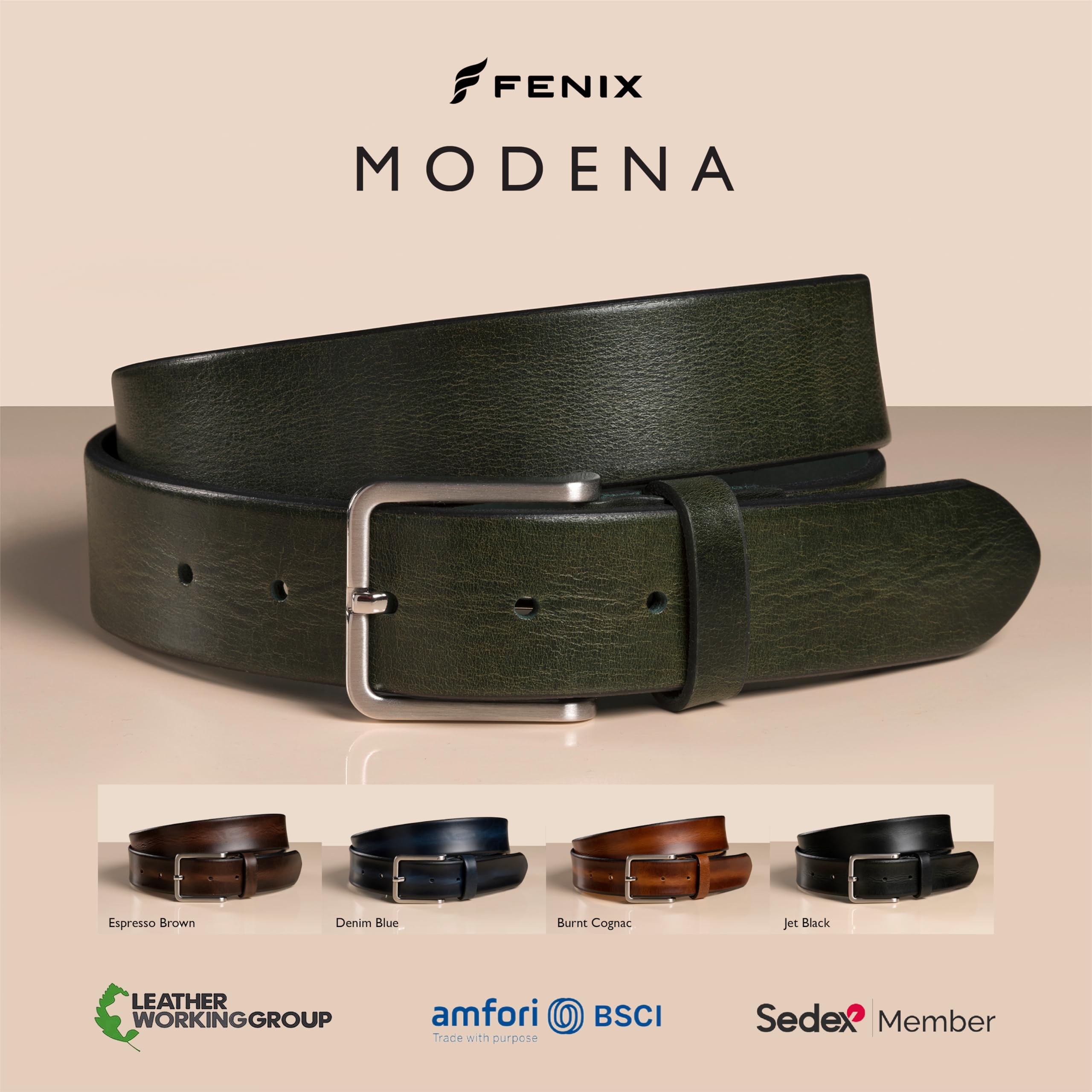 FENIX MODENA Gürtel Herren, verstellbarer Ledergürtel Fein Gebürstete Silberschließe, 35 mm breit, Gürtel aus Vollrindleder