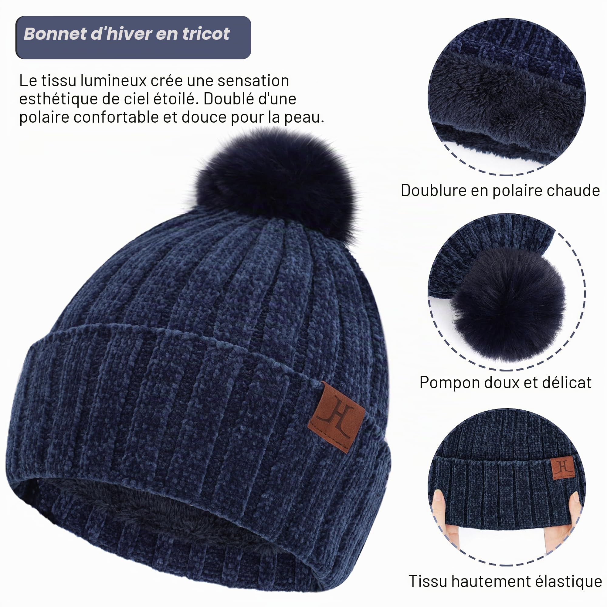 ZASFOU Femme Bonnet d’Hiver Chapeaux Foulard Écran Tactile Gants Set doublé Chenille Tricot Bonnets Cache Cou Polaire doublé