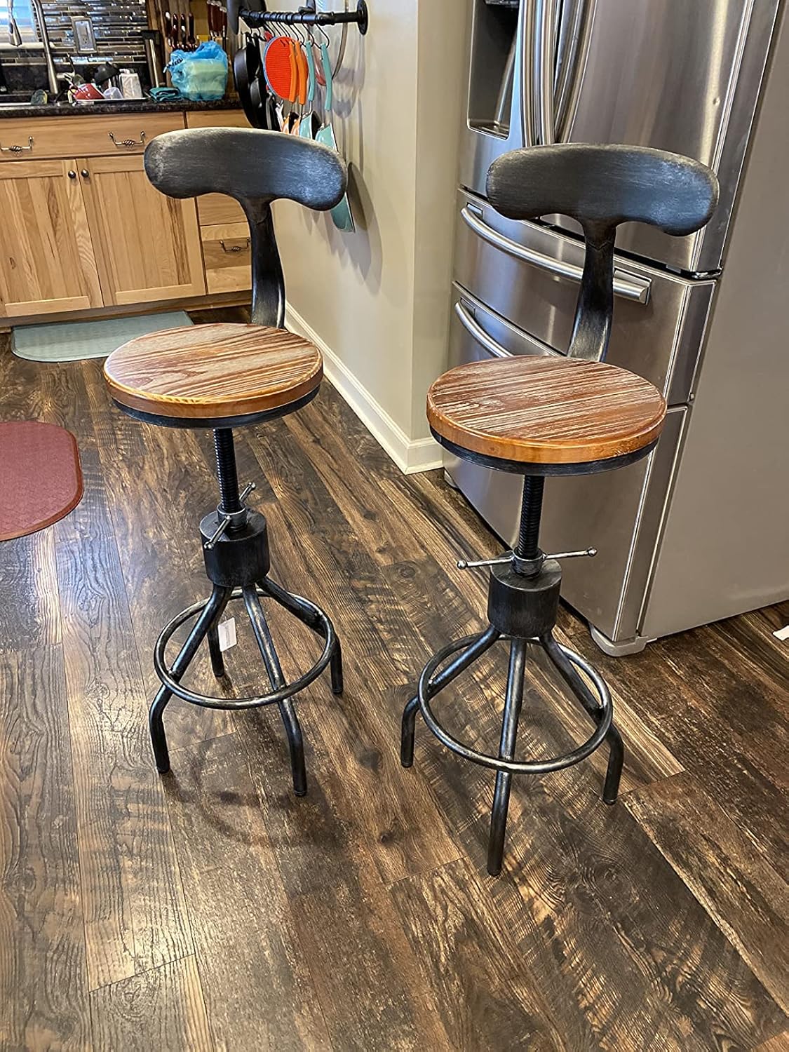LOKKHAN Set of 2 Rustic Industrial Bar Stool-24-30 Adjustable Metal Swivel Wooden Top Barstools-Counter Height Extra Tall Bar Height-Vintage Farmhouse Kitchen Breakfast Cafe Stool-with Backrest : Home & Kitchen