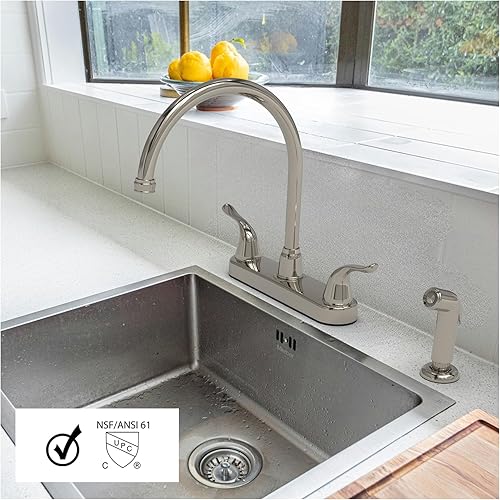 Miniatura 6 de Wasserman 23073124 - Grifo para fregadero de cocina RV con boquilla alta, doble mango, sin lavabo, con rociador lateral