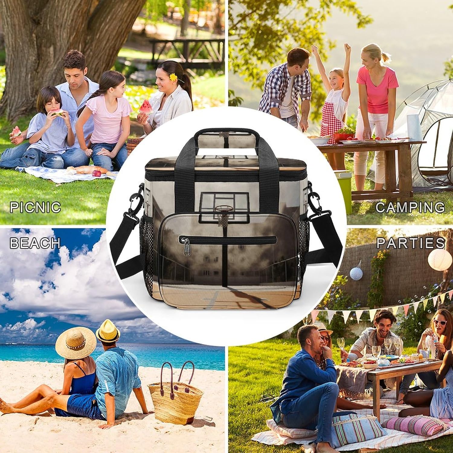 Camping Ice Pack, Amazing Basketball Court Print Cooler Bag, 22.5L Large Capacity Insulated Lunch Tote Bag for Outdoor, Picnic, BBQ, Travel, Work