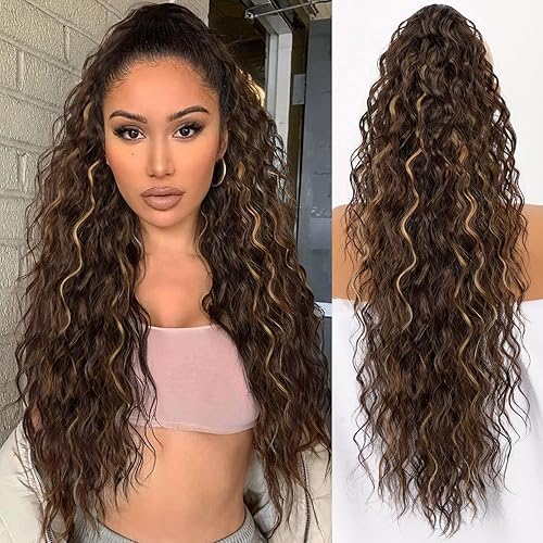 ORSUNCER Ponytail Extension Claw 30" Curly Pony Tail Clip in Hair Extensions Fluffy Natural Looking Synthetic Hairpiece for Women (Chocolate Brown with Caramel Blonde)