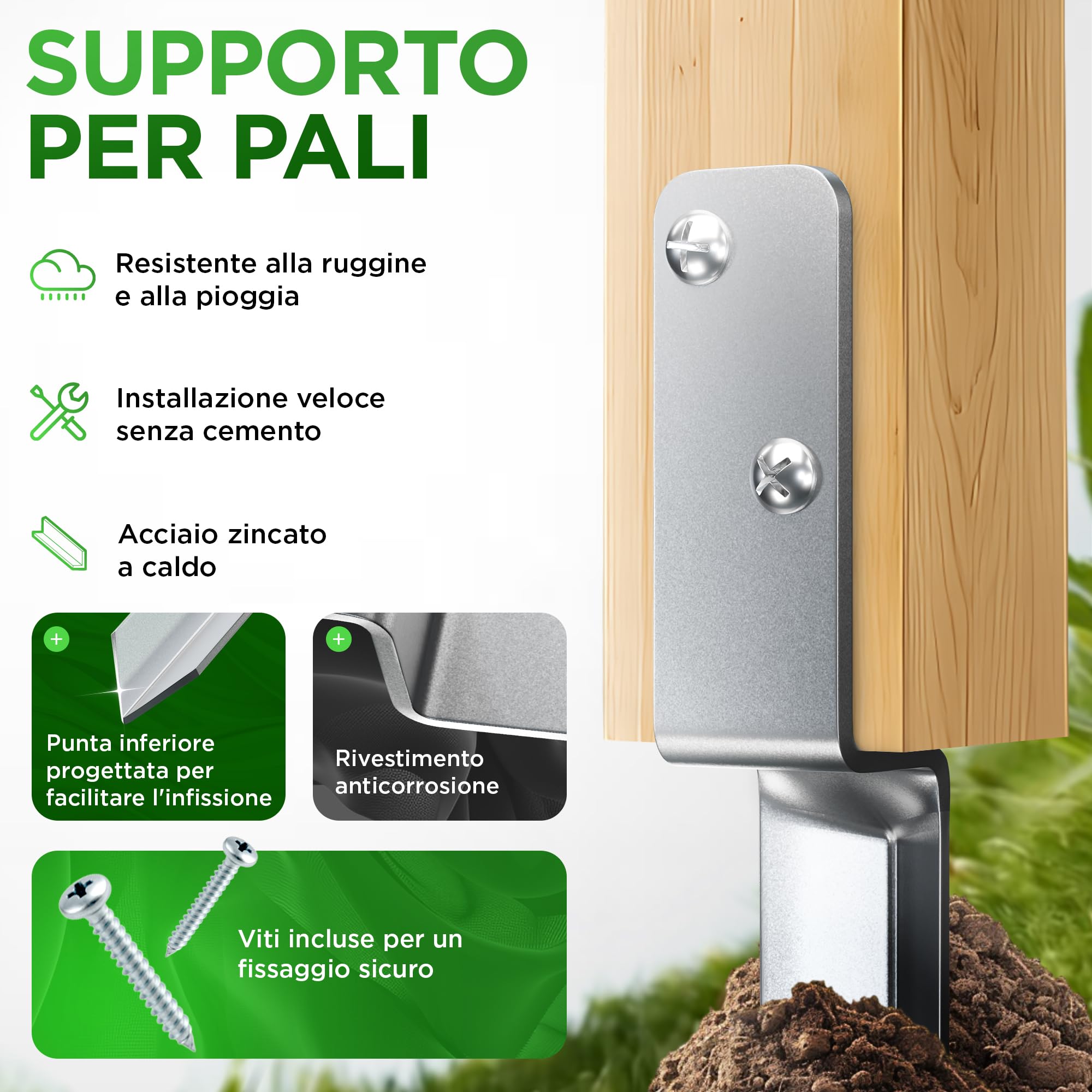 Set di 4 Supporti a L per Ancoraggio a Terra per Altalene | 50 cm in Acciaio Zincato a Caldo | Ideale per Altalene e Giardino | Include Viti, Guanti, Blocco di Legno ed eBook