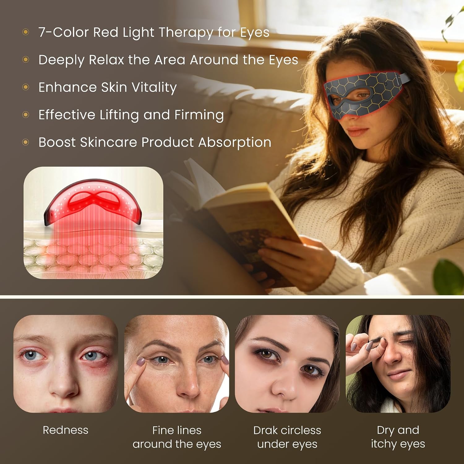 Facego Red Light for Eyes, 7 Modes Under-Eye Red Light Eye Mask for Women & Men