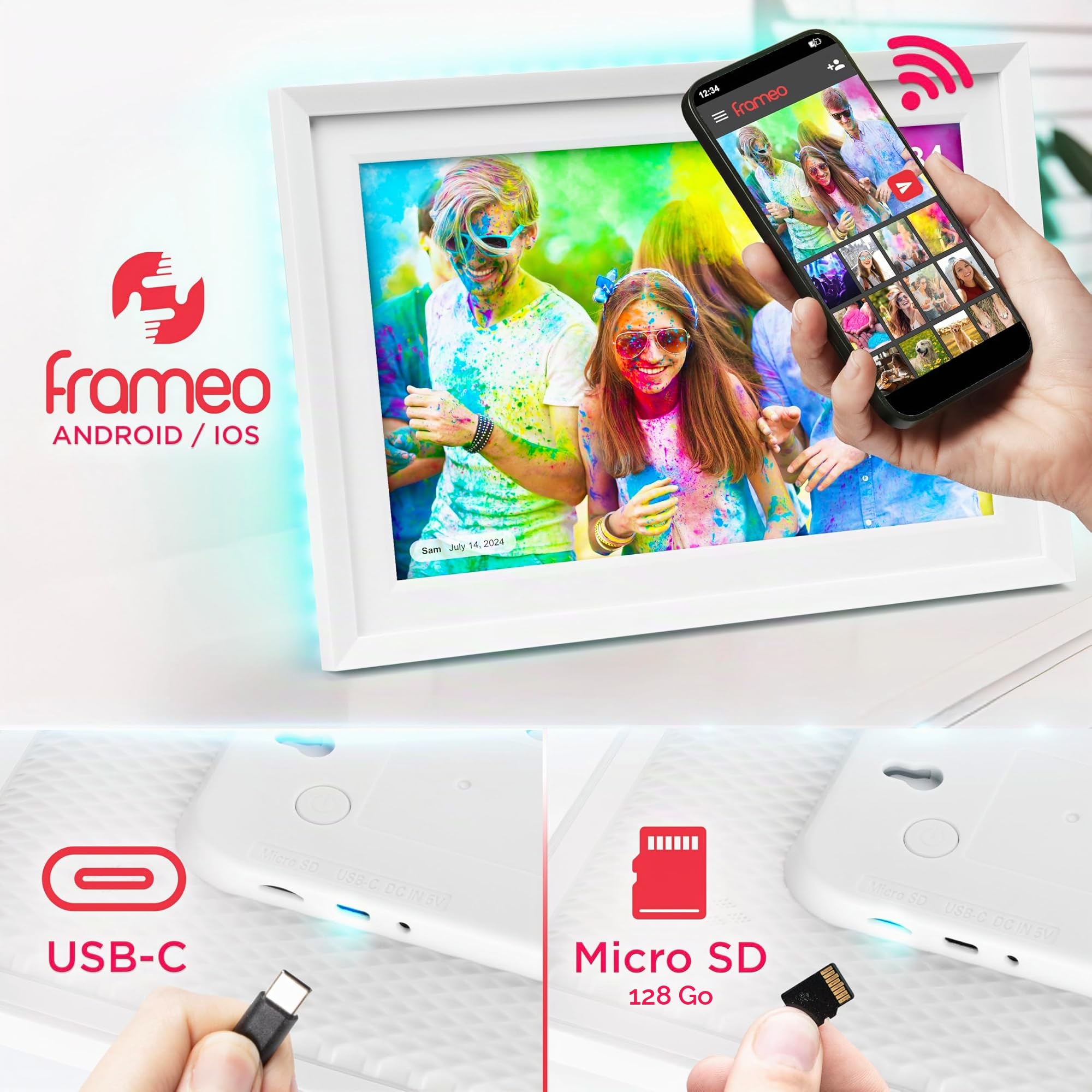 Duronic Frameo PF2A WE Cadre Photo numérique connecté 10,1 Pouces | Ecran tacile Lecteur photos vidéos Haute résolution 1280 x 800 pixels Mémoire 32 Go Chargeur 5V/3A Format d’affichage 16:10