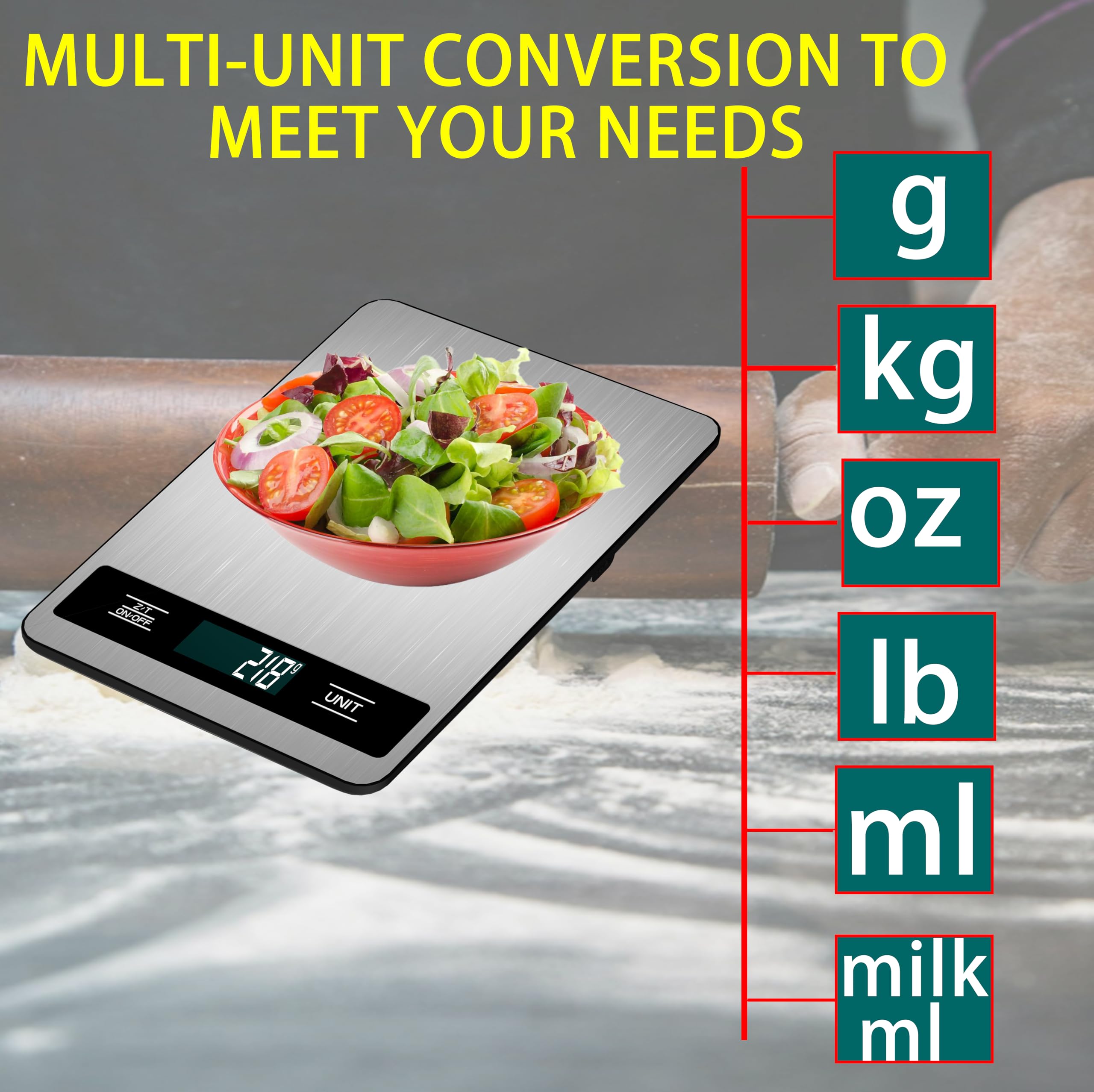 Báscula digital de cocina, 33 lb/15 kg de peso de alta capacidad para hornear, cocinar y preparar comidas, precisión de 1 g, 6 unidades con función de tara, recargable por USB (estilo B)