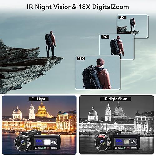 Miniatura 4 de Cámara de video, videocámara 8K de 48 megapíxeles para vlogging de YouTube con zoom digital 18X, pantalla táctil de 3” con WiFi, micrófono externo,