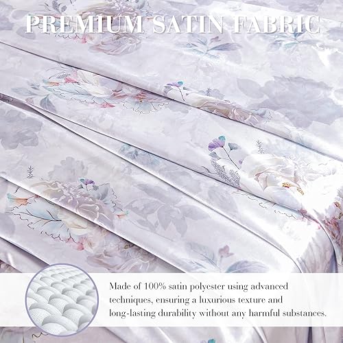 Miniatura 2 de YIYEA Sábanas de satén, estampado floral, lujoso juego de sábanas tamaño Queen de tacto sedoso, elegante juego de sábanas de satén suave, bolsillo