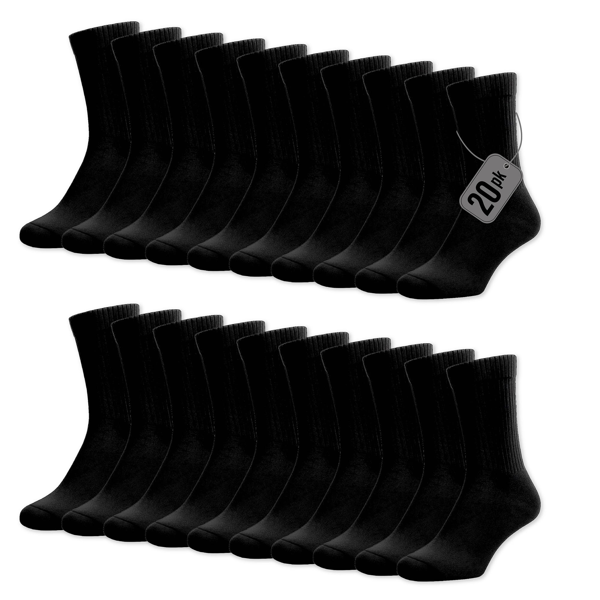 The Essentials Wardrobe Mens 20 Pack Terry Sports Socks - UK 6-8.5/EU 39-42.5 - Black