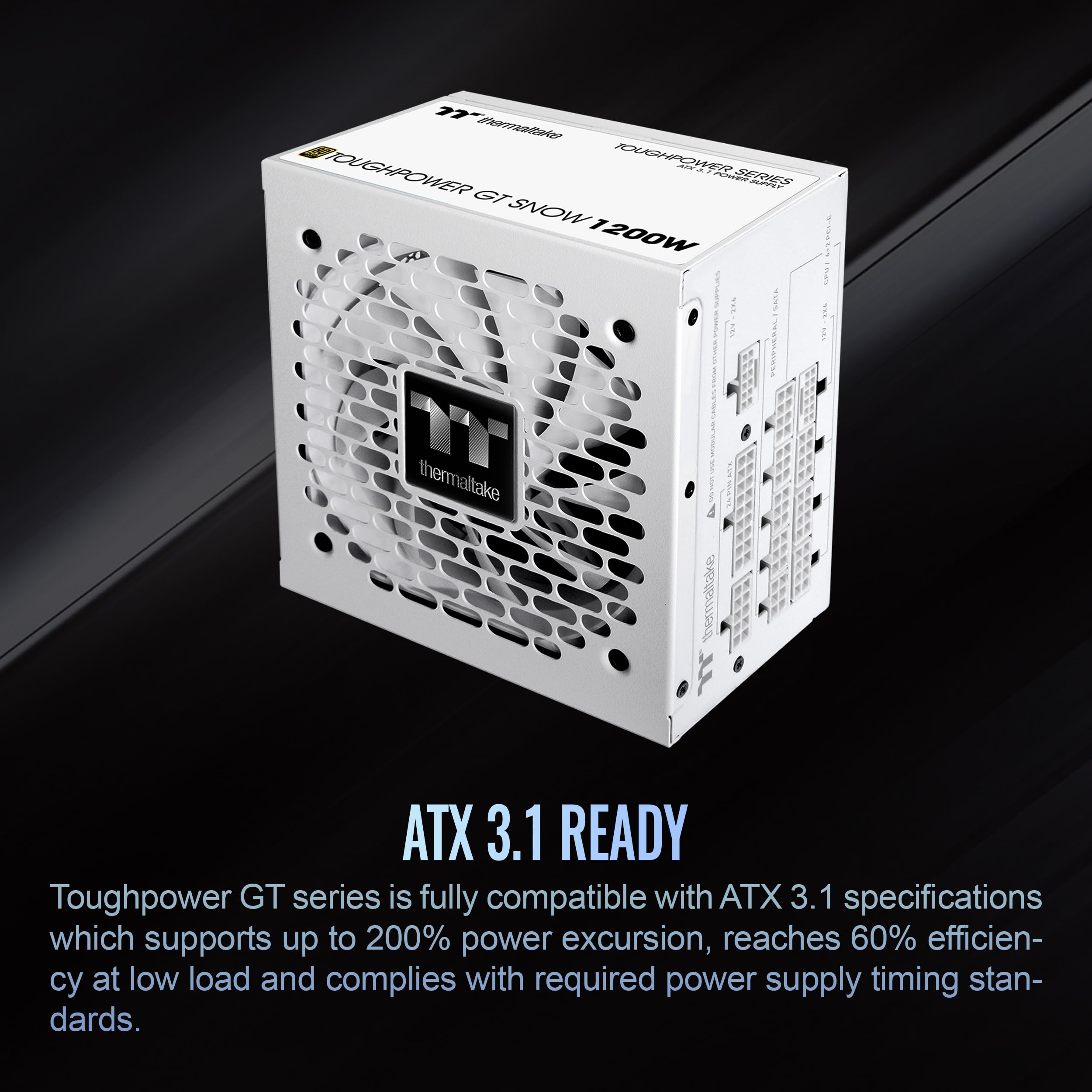 Thermaltake Toughpower GT 1200W ; ATX 3.1 ; x2 native PCIe 5.1 12V-2x6 ; entièrement modulaire ; câbles plats ; connecteurs de couleur assortie ; condensateurs principaux japonais ; 80 Plus Gold ; 140