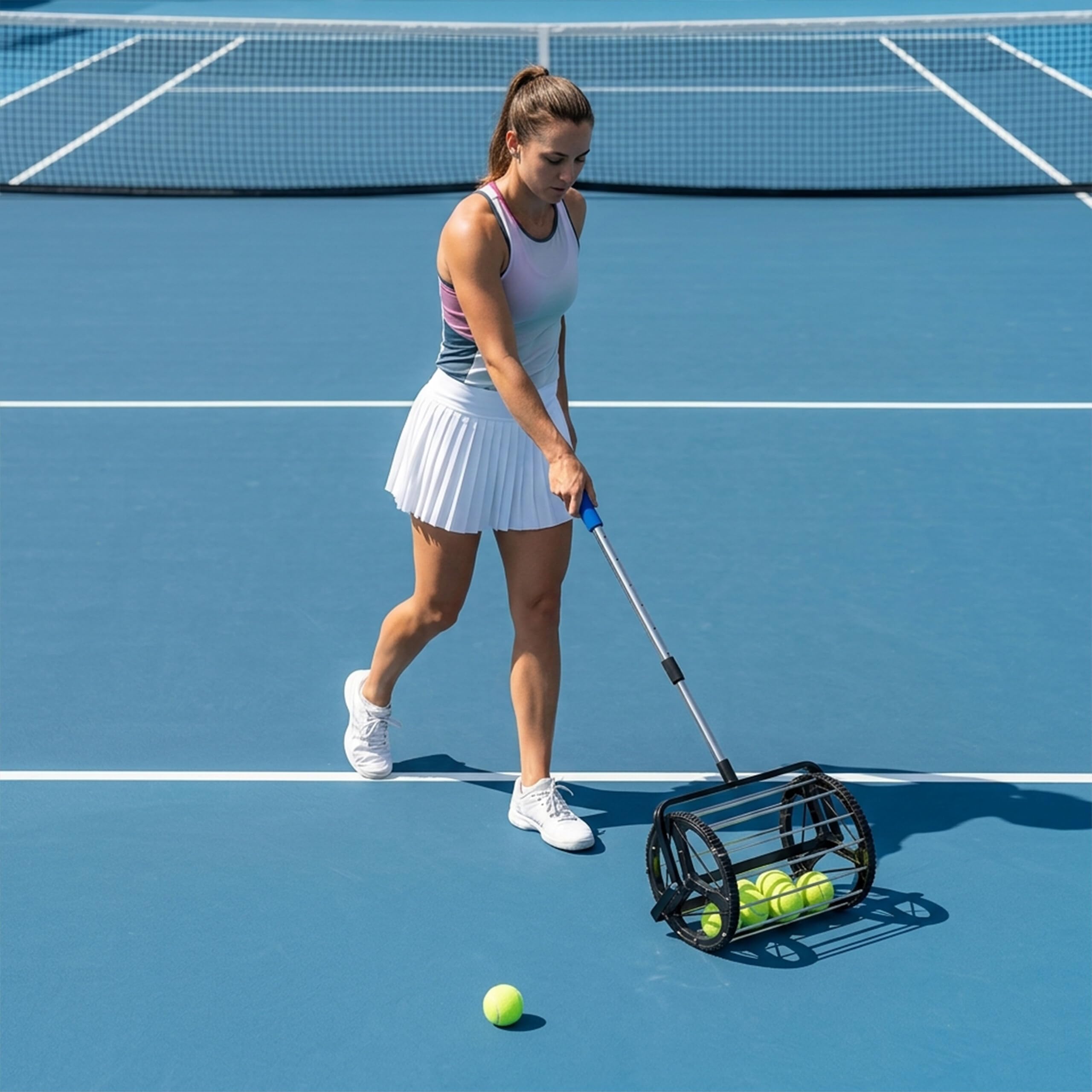 Relaxdays Raccoglitore per Palline da Tennis, 106x29x27 cm, Metallo, Manico telescopico, Ruote, Nero/Argento