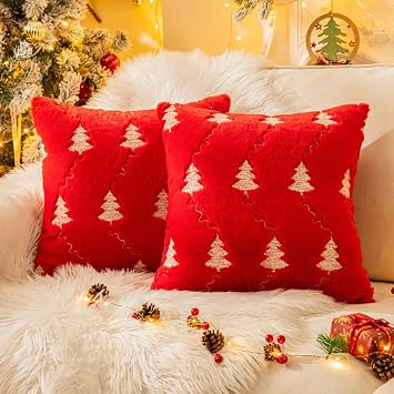 AQOTHES Christmas Tree Embroidered Throw Pillows 20x20 Inch Set of 2 Red