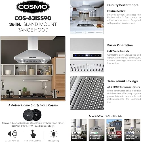 Miniatura 4 de COSMO COS-63ISS90 - Campana extractora de isla con ventilador de 3 velocidades 36 pulgadas acero inoxidable y tapa de ventilación de techo de acero