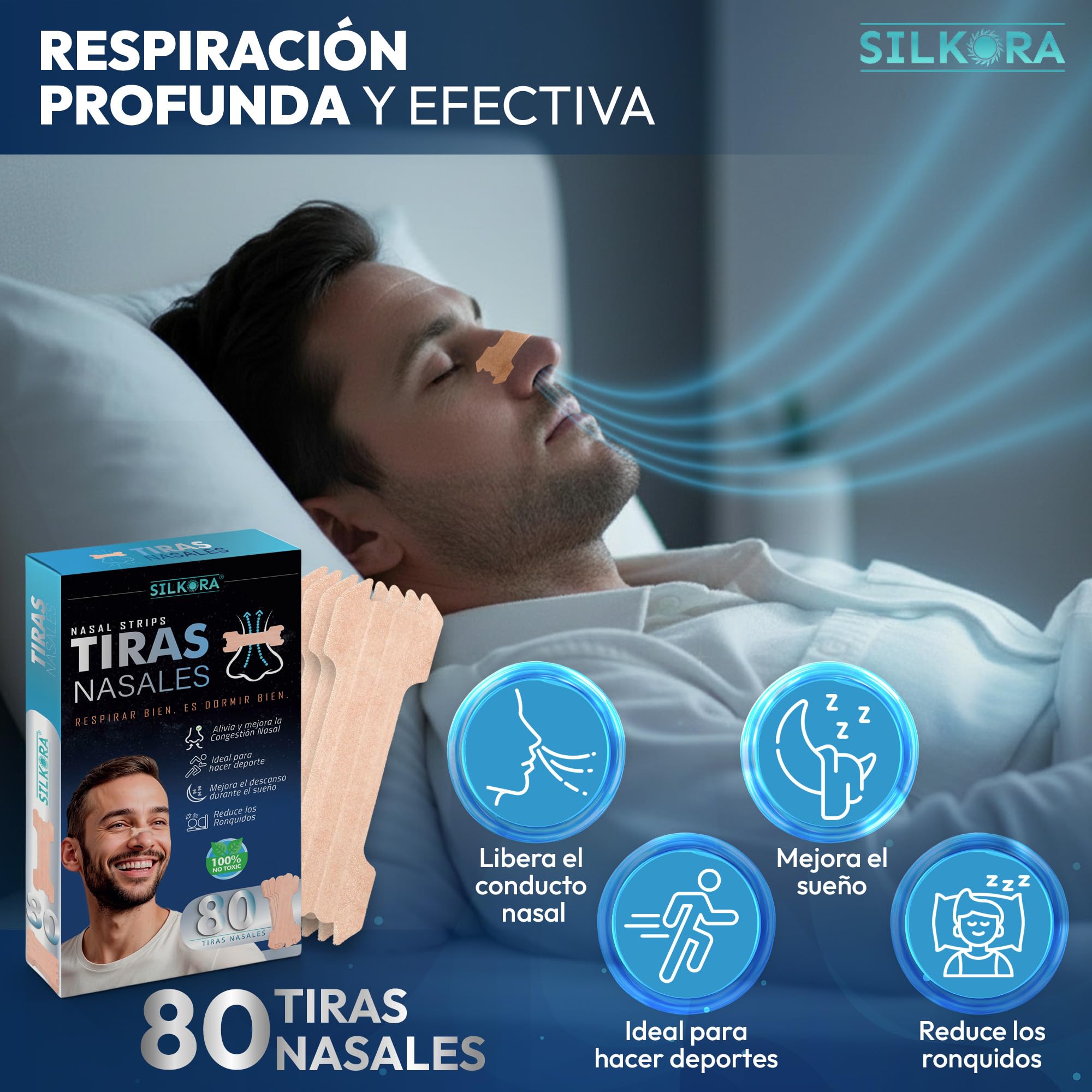 80 PACK PREMIUM - Tiras nasales antirronquidos para Dormir y Deportivas PREMIUM | Tiras Nasales Anti-ronquidos | Nose Strips| Breathe Right | Nasal Strips para Respirar Mejor Por la Nariz