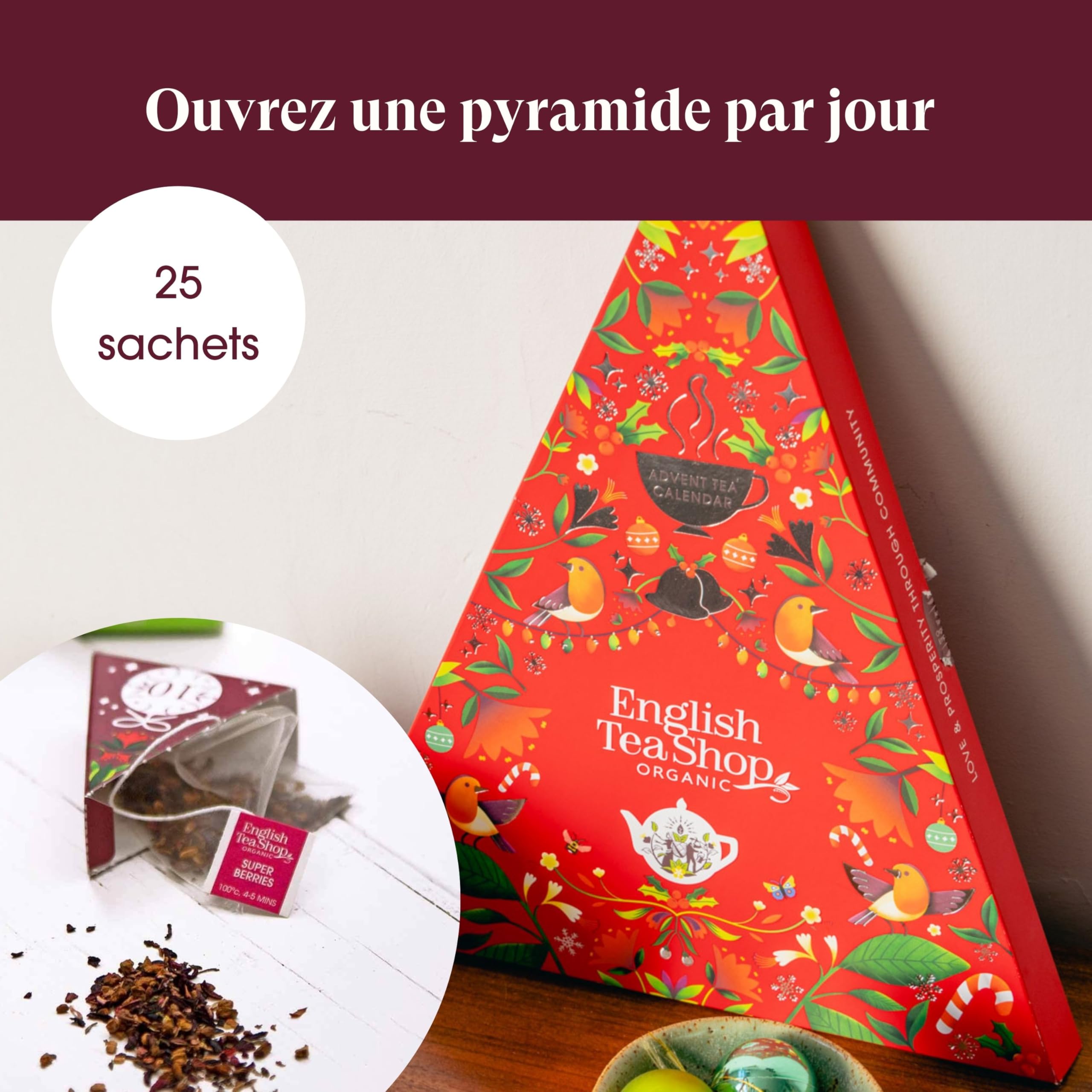 English Tea Shop - Calendrier de l'Avent Thés & Infusions bio Triangle rouge - 25 sachets de thé et infusions à déguster avant Noël - Idée cadeau Noël femme ou homme