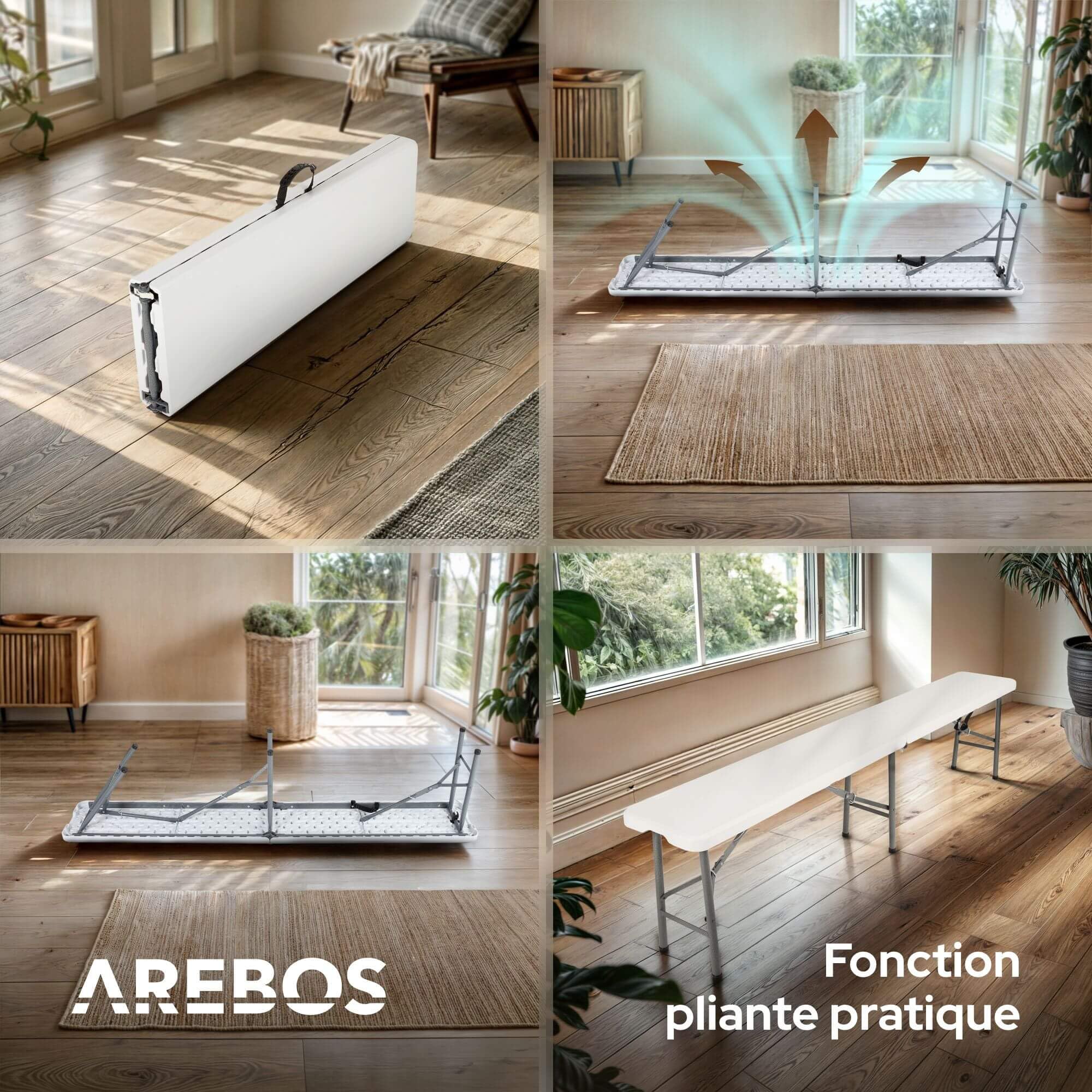 AREBOS Banc de Brasserie Pliable 2X | Bancs pliants 183 x 28 x 43 cm avec poignée de Transport | Banc de Jardin, Camping, fête | Ensemble 2 pièces Robuste | Blanc