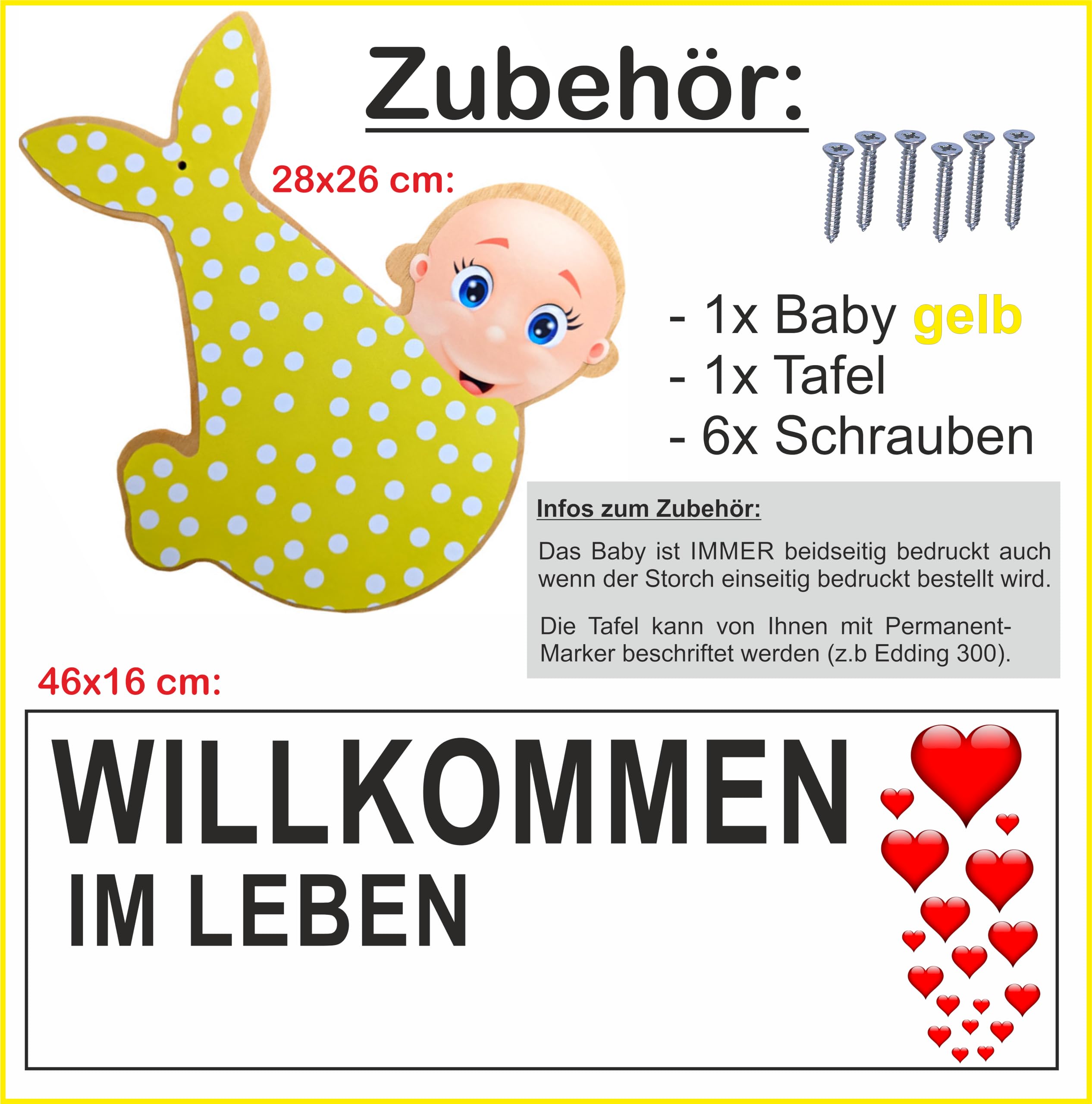 XL SET 148 cm- Babystorch aus HOLZ für Geburt NEUTRAL (Druck: ZWEISEITIG*) | Inklusive Beschriftungstafel & Baby in GELB, Klapperstorch zur Geburt, Holzstorch für draußen, Storch-Holz