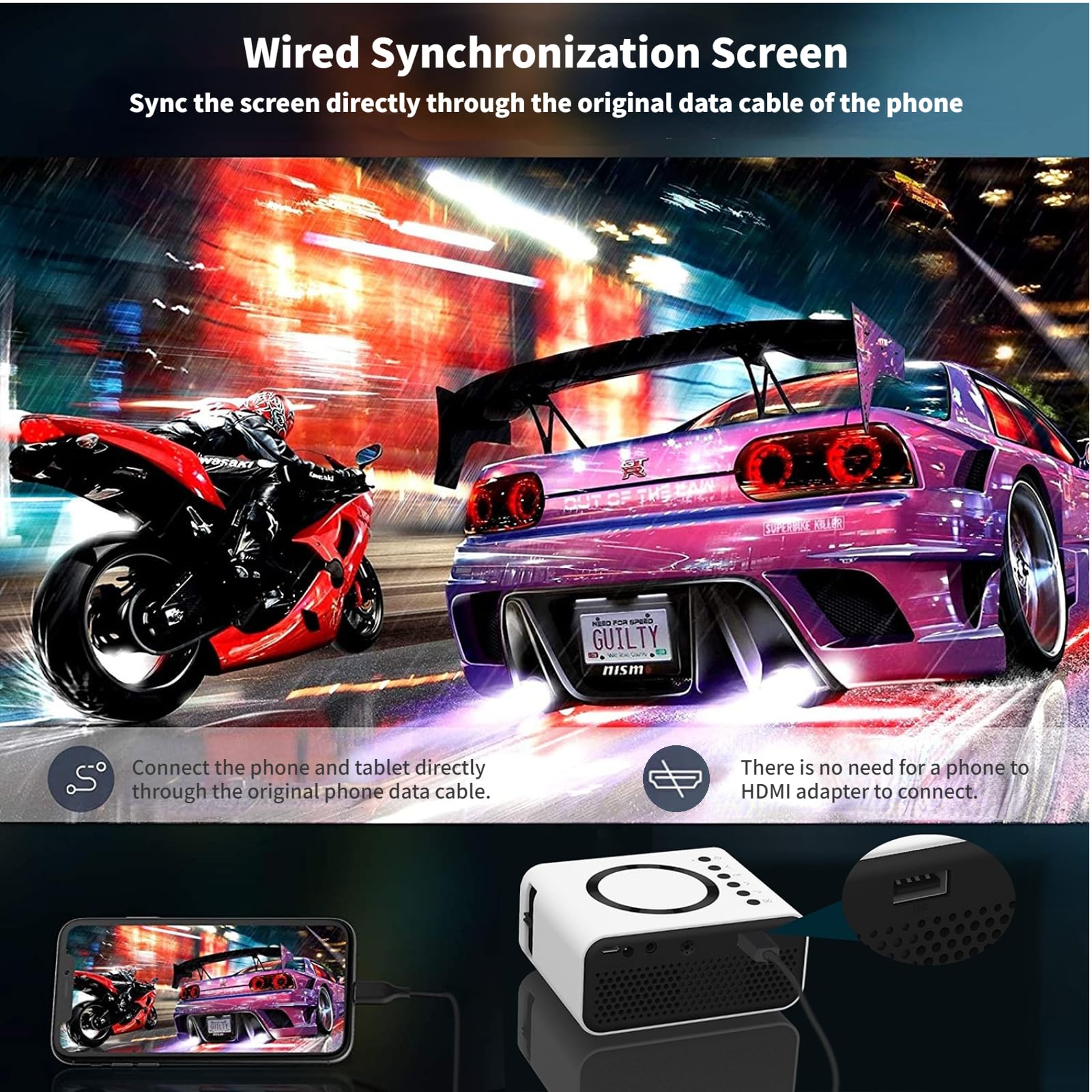 Mini Projecteur Portable Haute Définition 1080P Haut-parleurs 4Ω 2W Intégrés Protection des Yeux Projecteur de Cinéma Maison pour iOS pour Android pour Ordinateur Portable (Blanc)