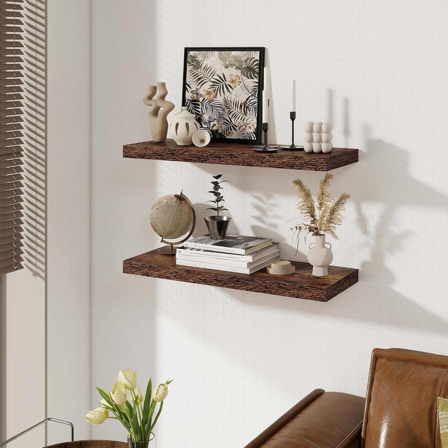 Floating Shelves for Wall, 27.5 Inch Bathroom Shelves Set of 2, Rustic Wood Wall Shelf with Invisible Brackets for Books|Storage|Decor, 8 Inch Deep Floating Shelf for Bedroom|Kitchen, Rustic Brown image 2
