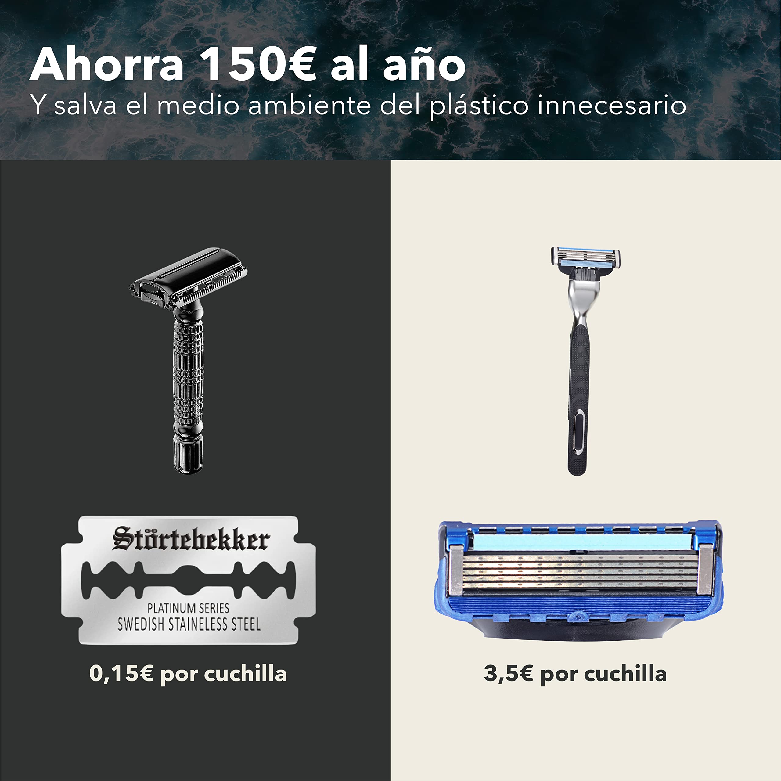 Maquinilla de afeitar clásica en estuche de cuero hecho a mano [+ 10 hojas Störtebekker] - Cuchilla de afeitar de primera calidad - Set de afeitado con espejo integrado (Negro - Negro)