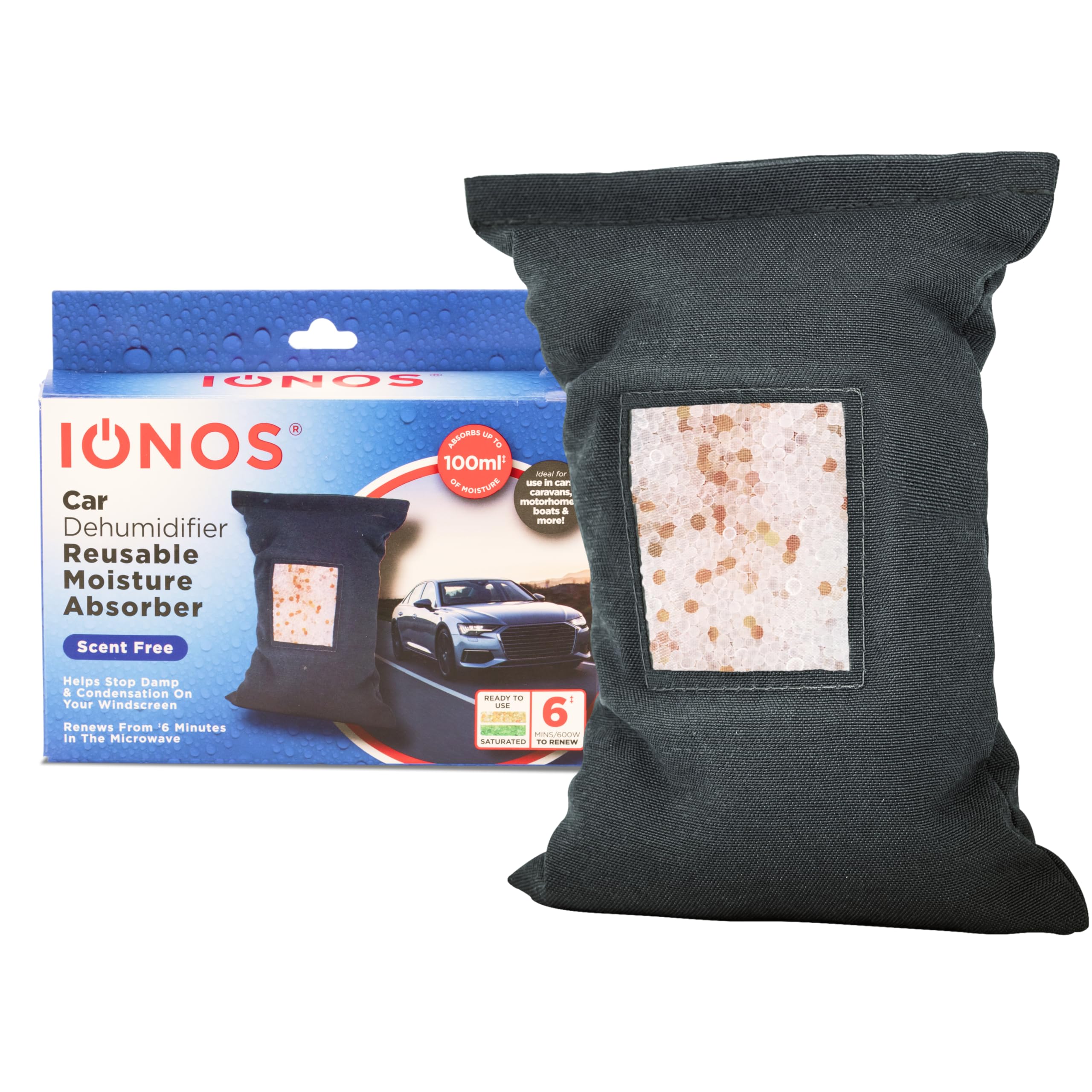 IONOS 300 g Car Dehumidifier Bag, Reusable Moisture Absorber for Vehicle Interiors, Absorbs up to 100 ml, Single Pack, (IONCDEHUMSF1PB12)