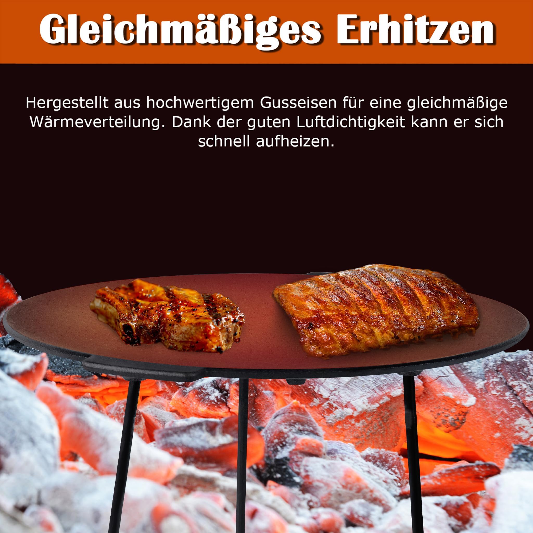 UISEBRT Bistecchiera in ghisa Ø 45 cm, piastra rotonda con 3 gambe, bruciata per una perfetta frittura, supporto olandese con custodia protettiva