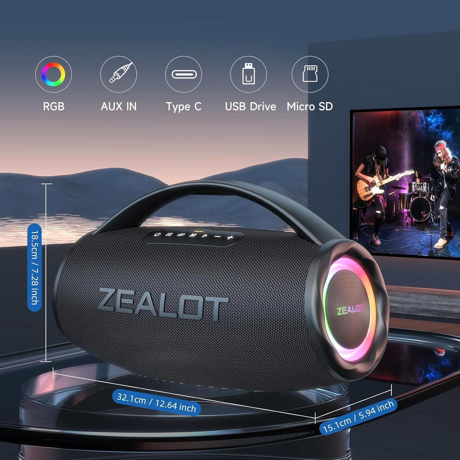 ZEALOT Bluetooth Speaker Wireless with Lights, 80W Loud Booming Bass, USB/3.5mm AUX/TF Card Input, IPX6 Waterproof, BT 5.2, 24H Playtime, TWS Pairing, Big Portable Speaker for Outdoor Home Party Beach - Image 4
